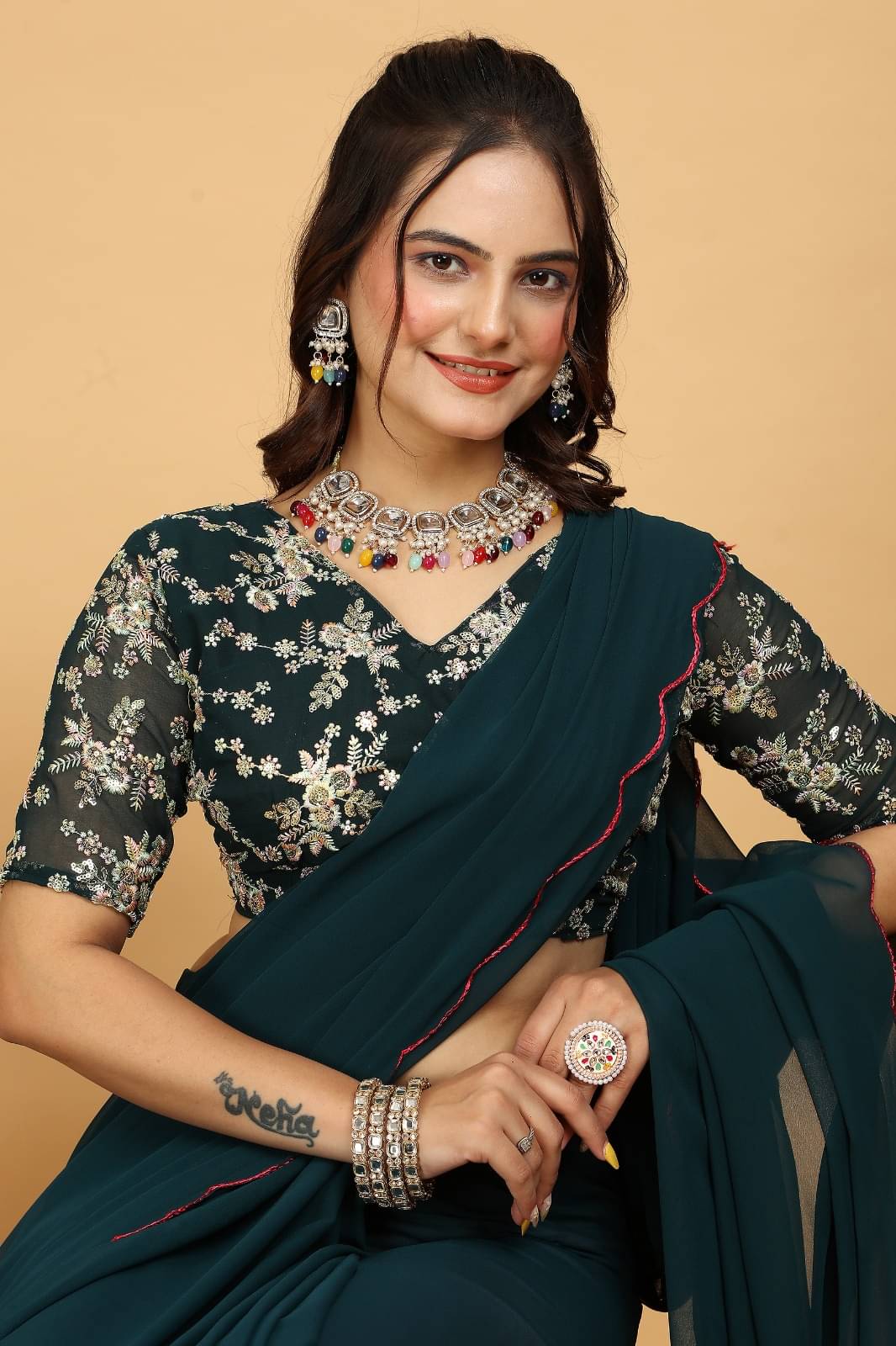     			JIRA Georgette Printed Saree With Unstitched Blouse Piece ( Teal )