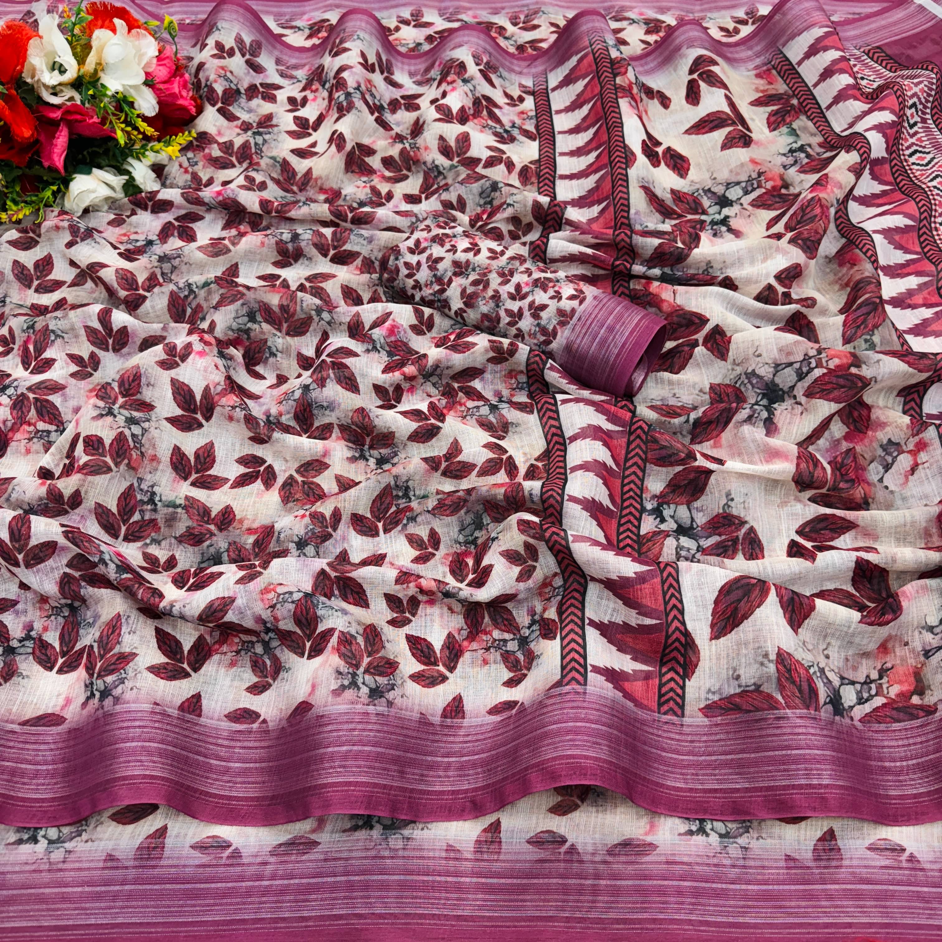     			JIRA Linen Printed Saree With Unstitched Blouse Piece ( White )