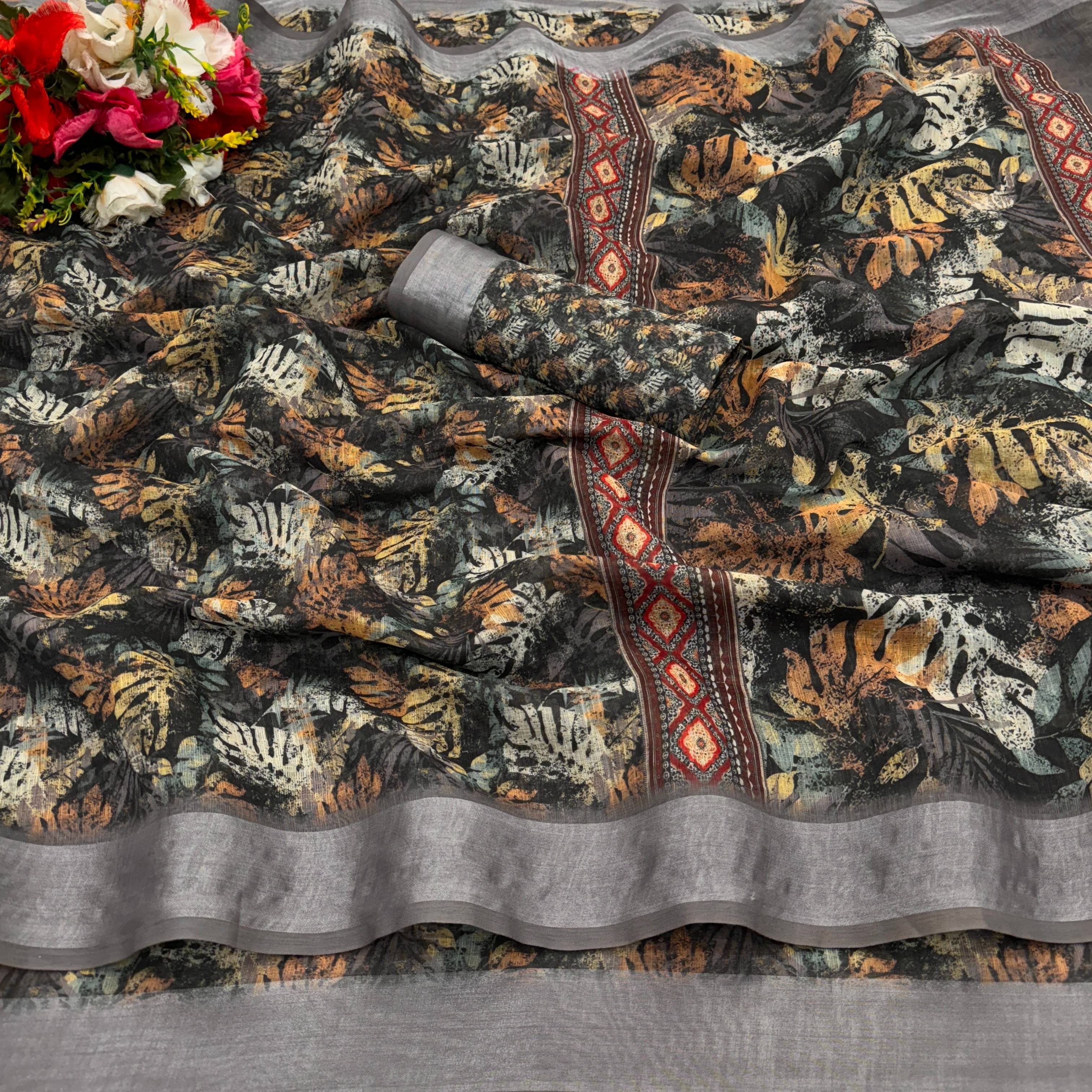 JIRA Linen Printed Saree With Unstitched Blouse Piece ( Black ) JIRA Linen Printed Saree With Unstitched Blouse Piece ( Black )