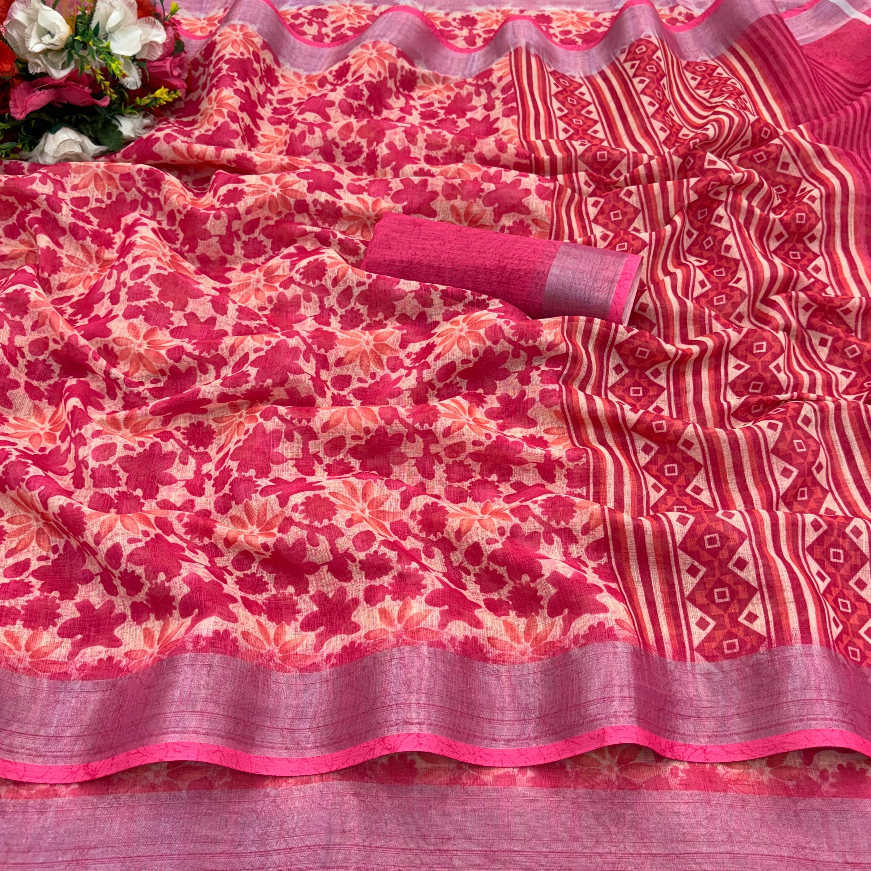     			JIRA Linen Printed Saree With Unstitched Blouse Piece ( Pink )