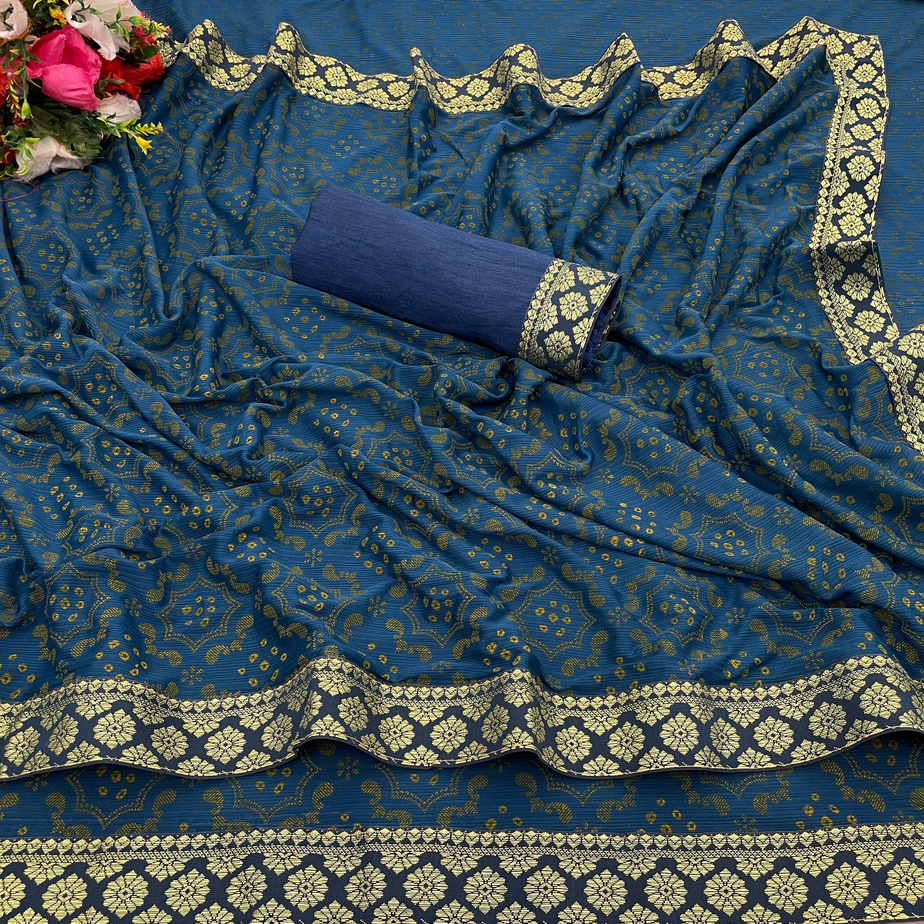     			JIRA Lycra Colorblock Saree With Unstitched Blouse Piece ( Teal )