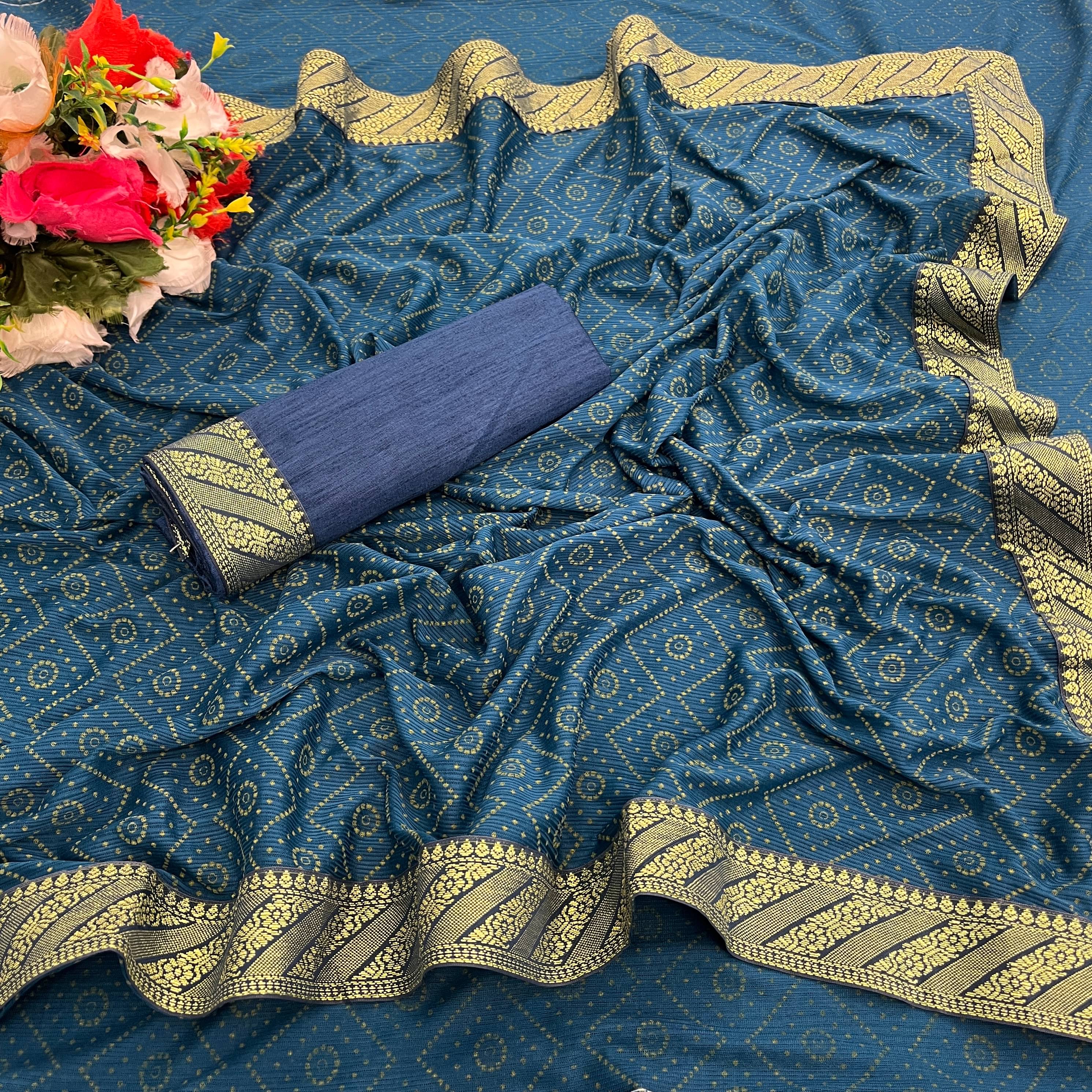     			JIRA Lycra Colorblock Saree With Unstitched Blouse Piece ( Teal )