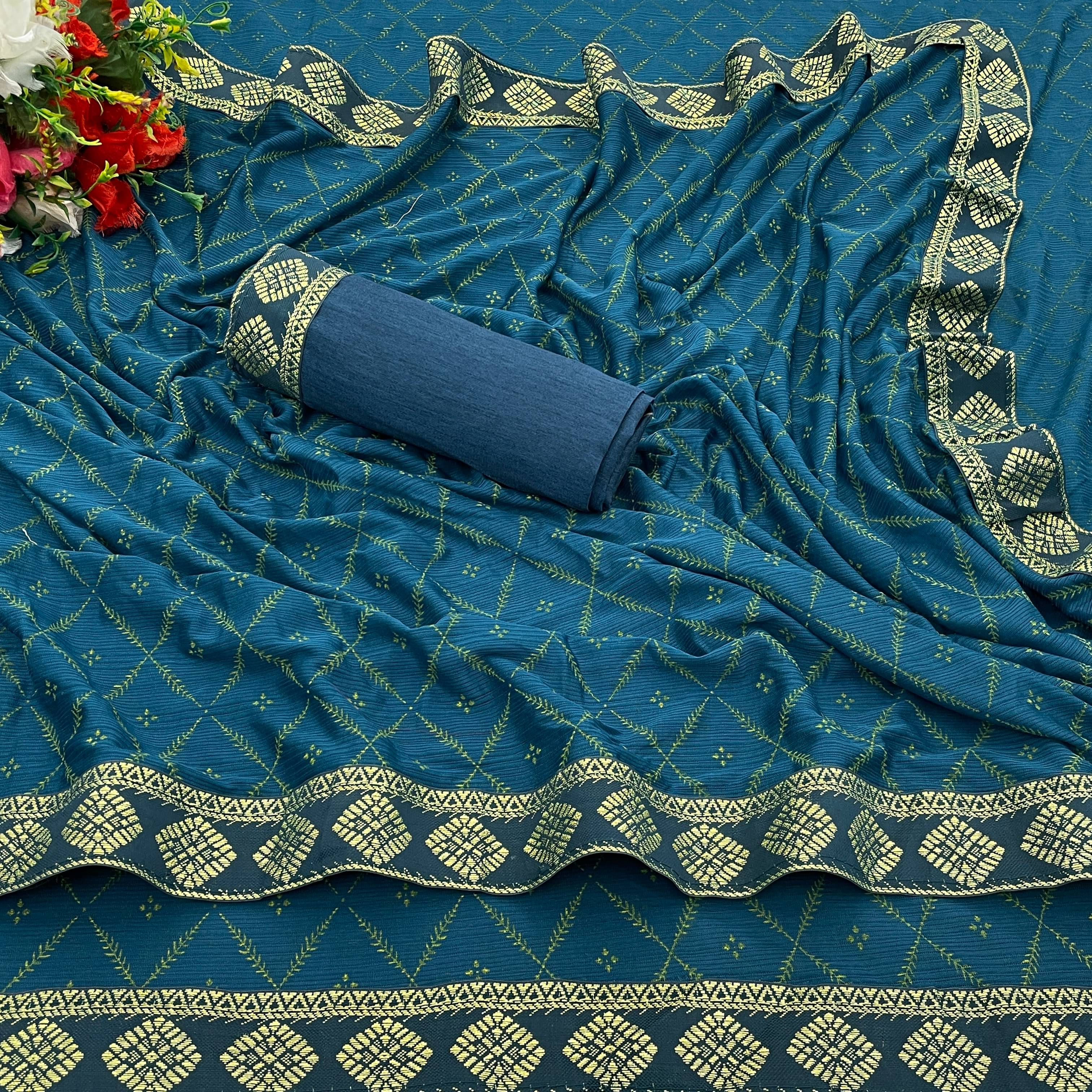     			JIRA Lycra Colorblock Saree With Unstitched Blouse Piece ( Teal )