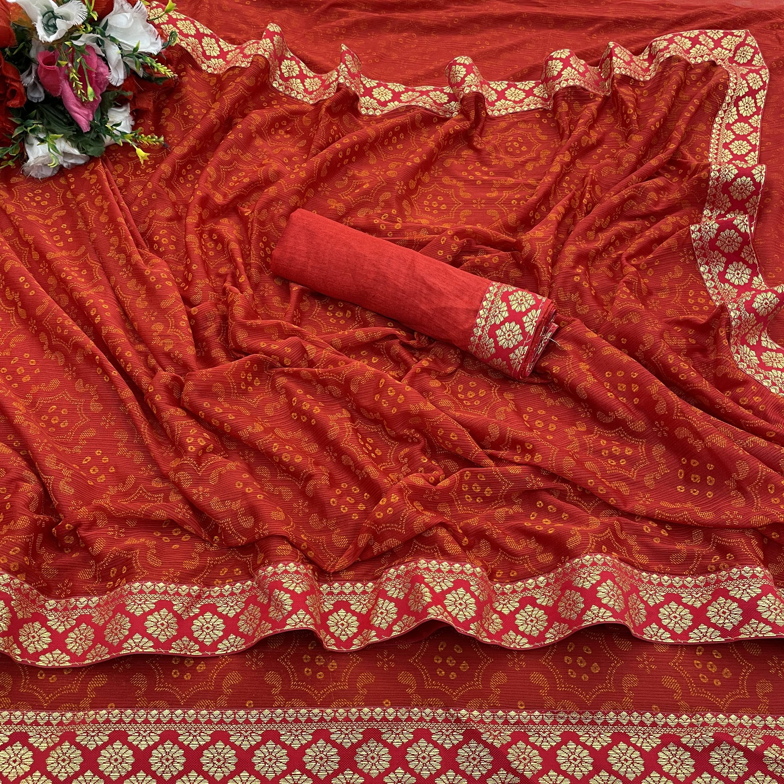     			JIRA Lycra Colorblock Saree With Unstitched Blouse Piece ( Red )