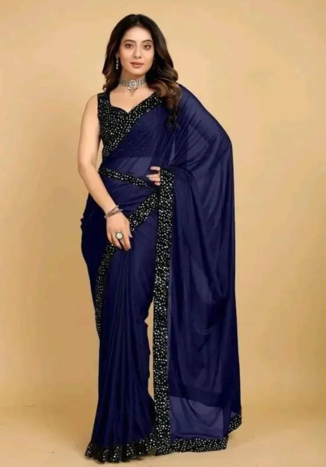     			JIRA Lycra Dyed Saree With Unstitched Blouse Piece ( Navy Blue )