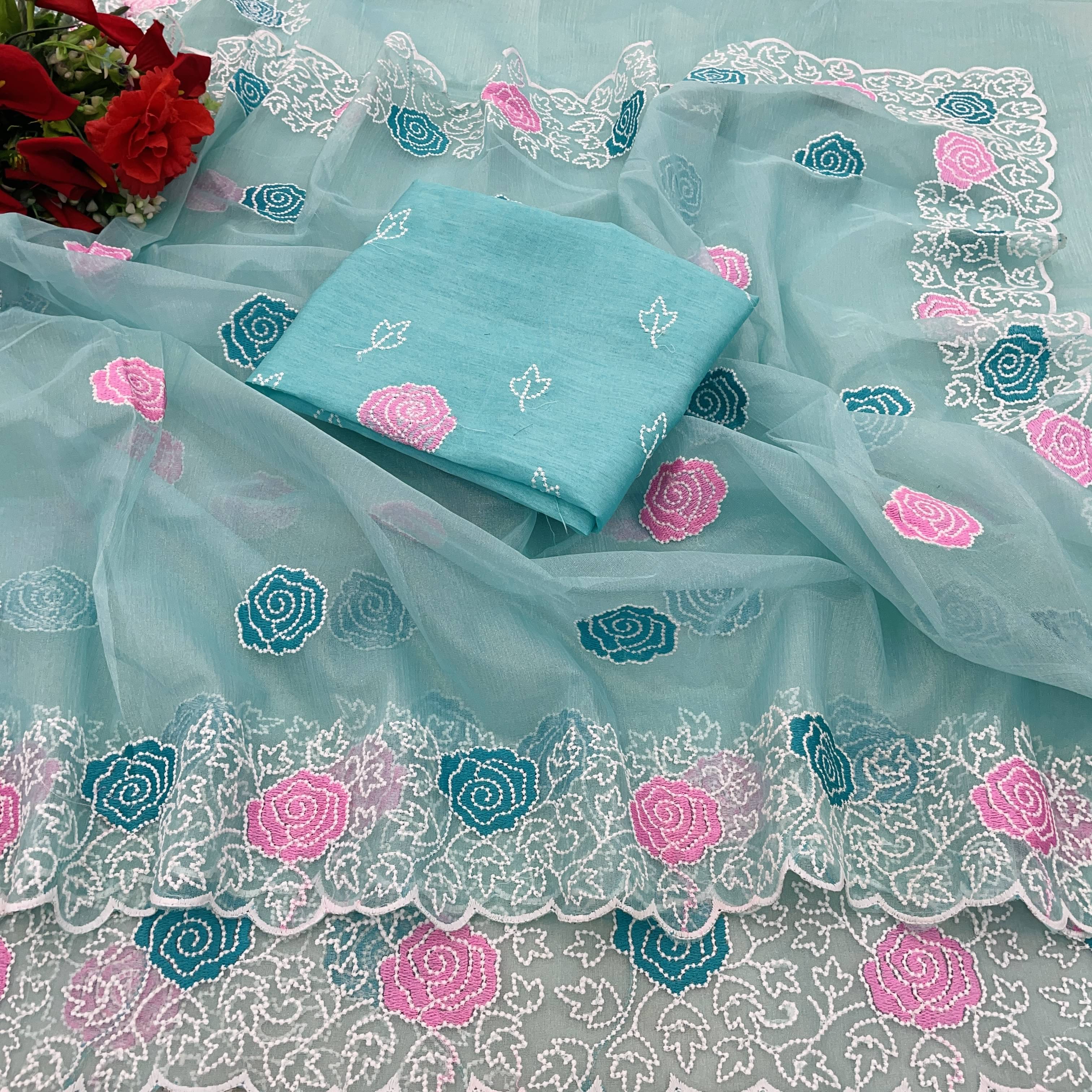     			JIRA Lycra Printed Saree With Unstitched Blouse Piece ( Blue )