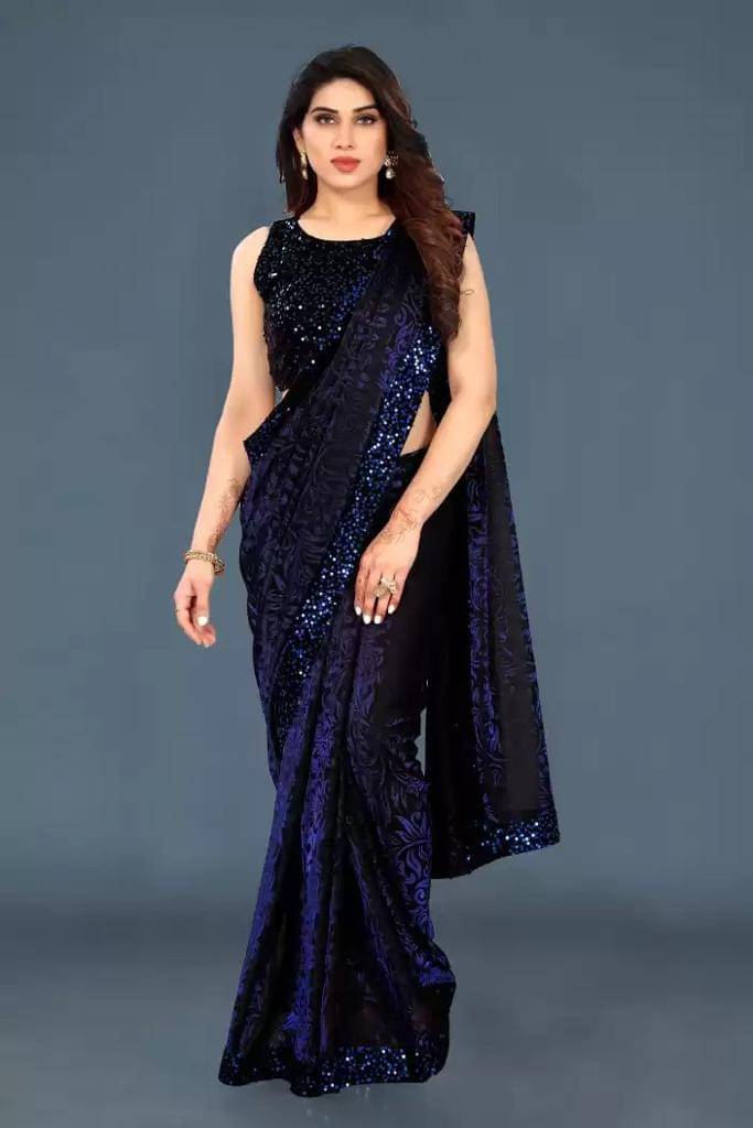 JIRA Lycra Printed Saree With Unstitched Blouse Piece ( Navy Blue ) JIRA Lycra Printed Saree With Unstitched Blouse Piece ( Navy Blue )