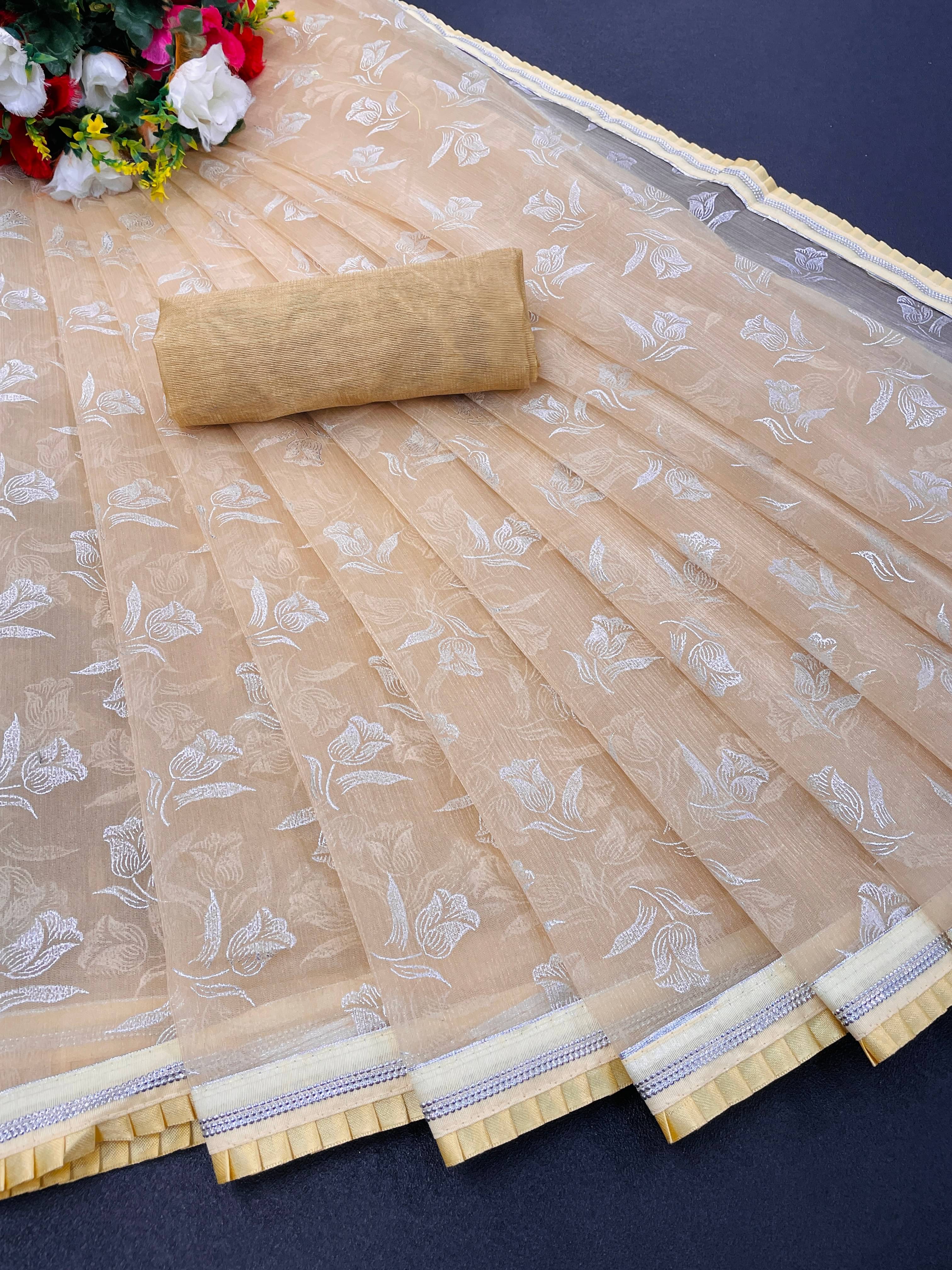 JIRA Lycra Printed Saree With Unstitched Blouse Piece ( Cream ) JIRA Lycra Printed Saree With Unstitched Blouse Piece ( Cream )