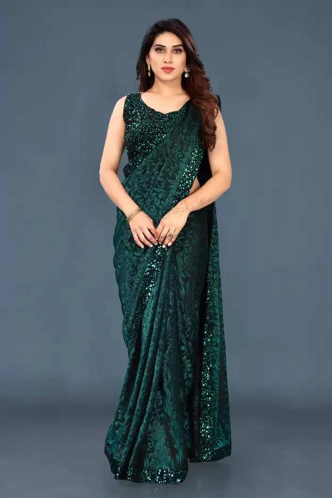     			JIRA Lycra Printed Saree With Unstitched Blouse Piece ( Olive )