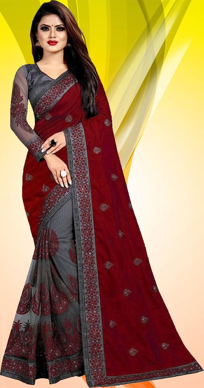 JIRA Net Woven Saree With Unstitched Blouse Piece ( Maroon ) JIRA Net Woven Saree With Unstitched Blouse Piece ( Maroon )