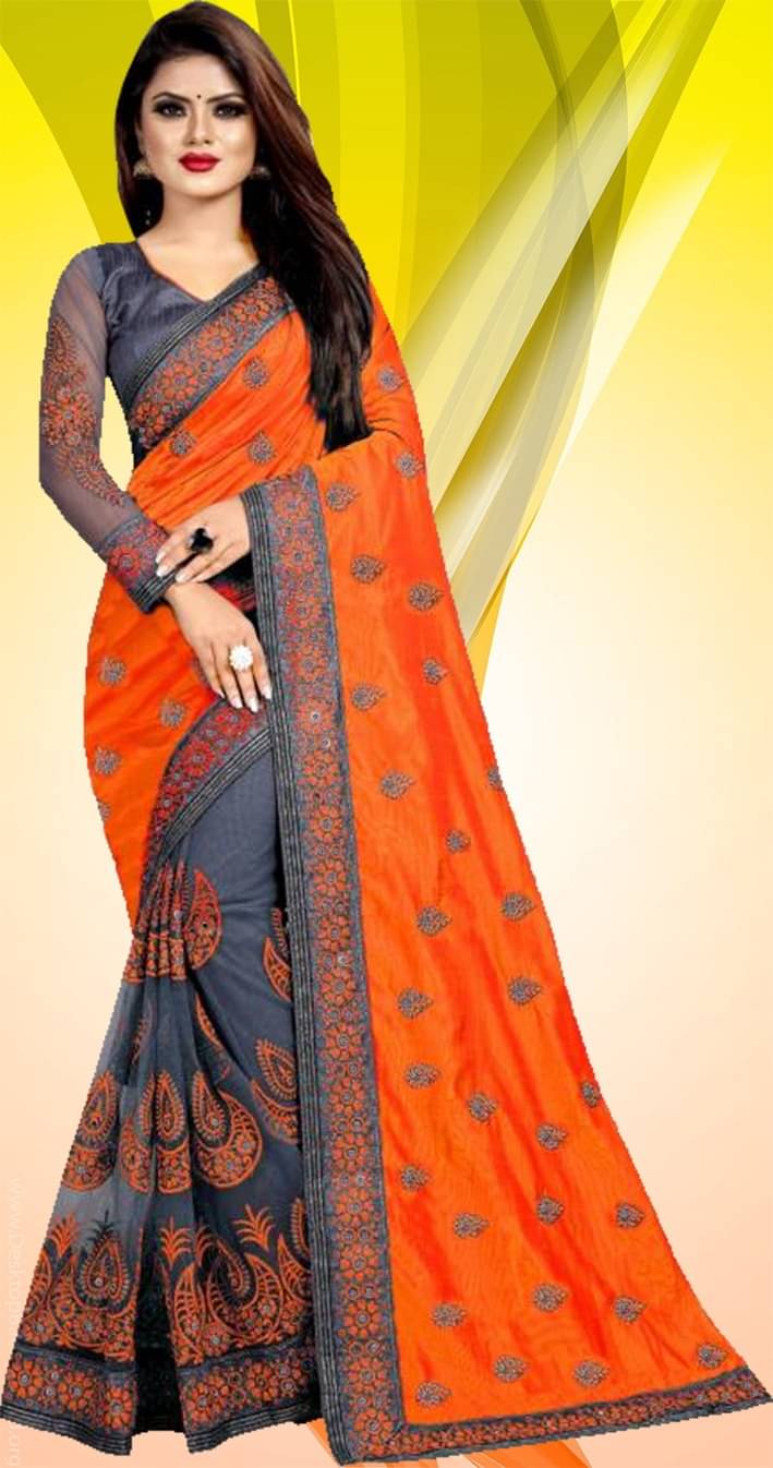 JIRA Net Woven Saree With Unstitched Blouse Piece ( Orange ) JIRA Net Woven Saree With Unstitched Blouse Piece ( Orange )