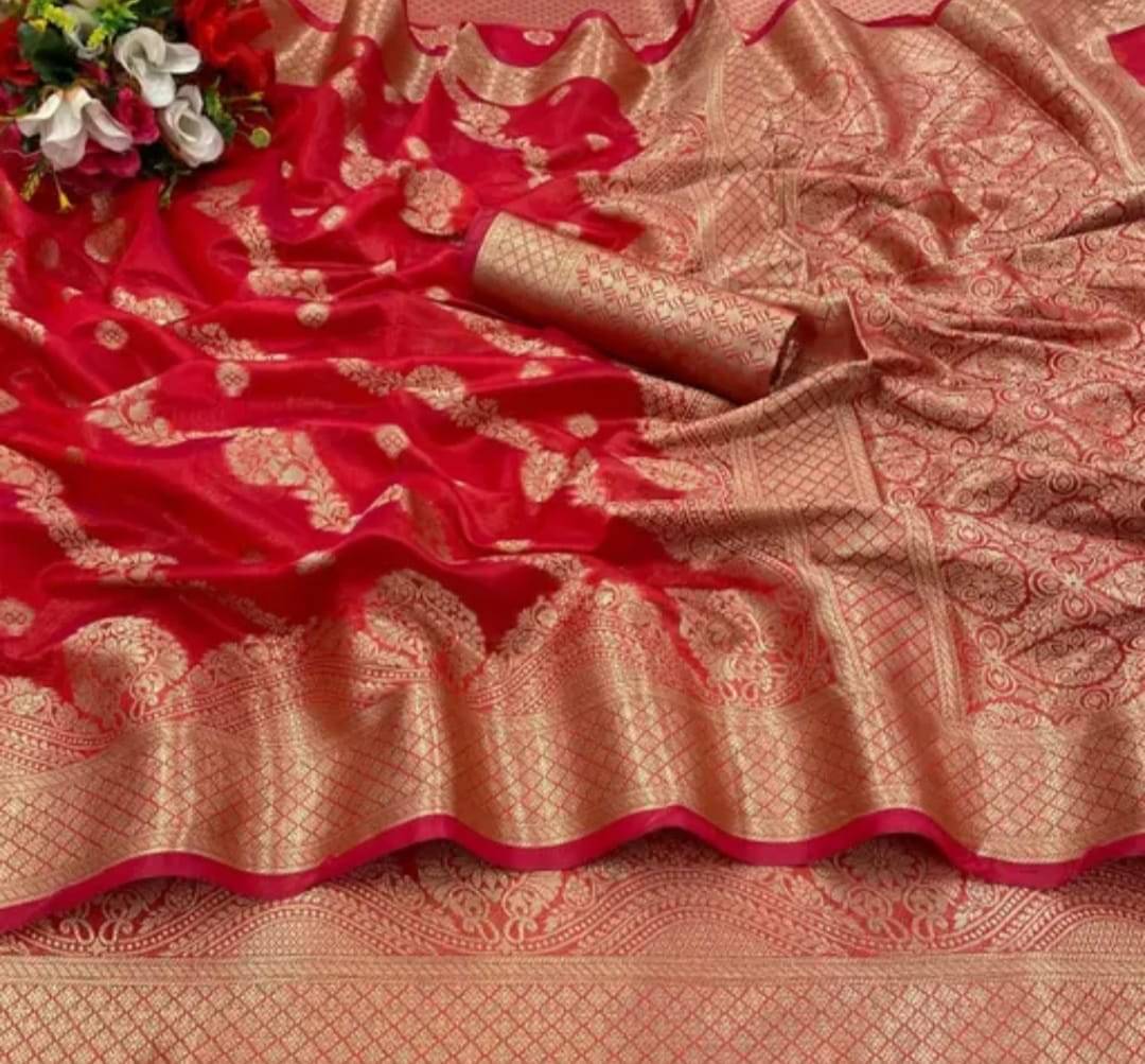     			JIRA Organza Embellished Saree With Unstitched Blouse Piece ( Red )
