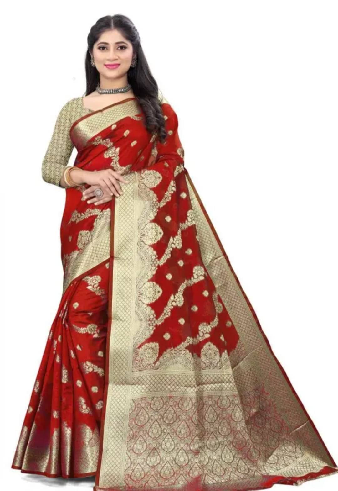     			JIRA Organza Embellished Saree With Unstitched Blouse Piece ( Red )