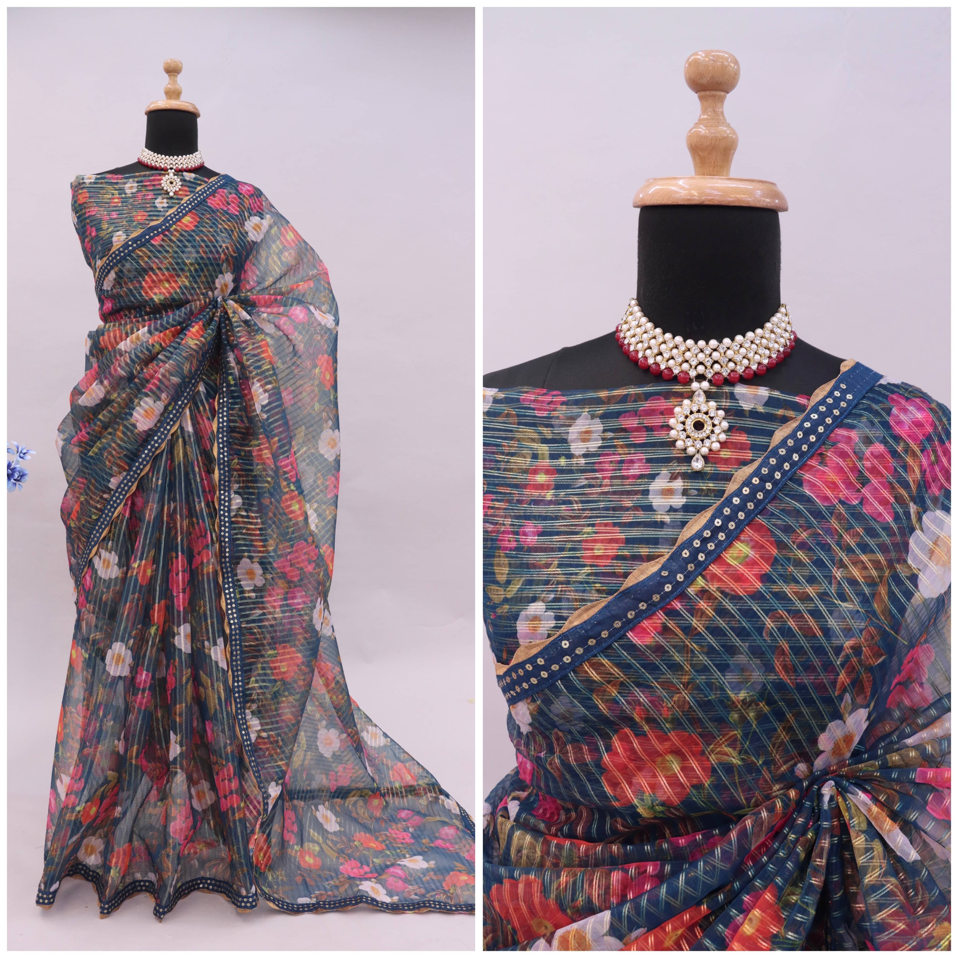 JIRA Organza Printed Saree With Unstitched Blouse Piece ( Teal ) JIRA Organza Printed Saree With Unstitched Blouse Piece ( Teal )