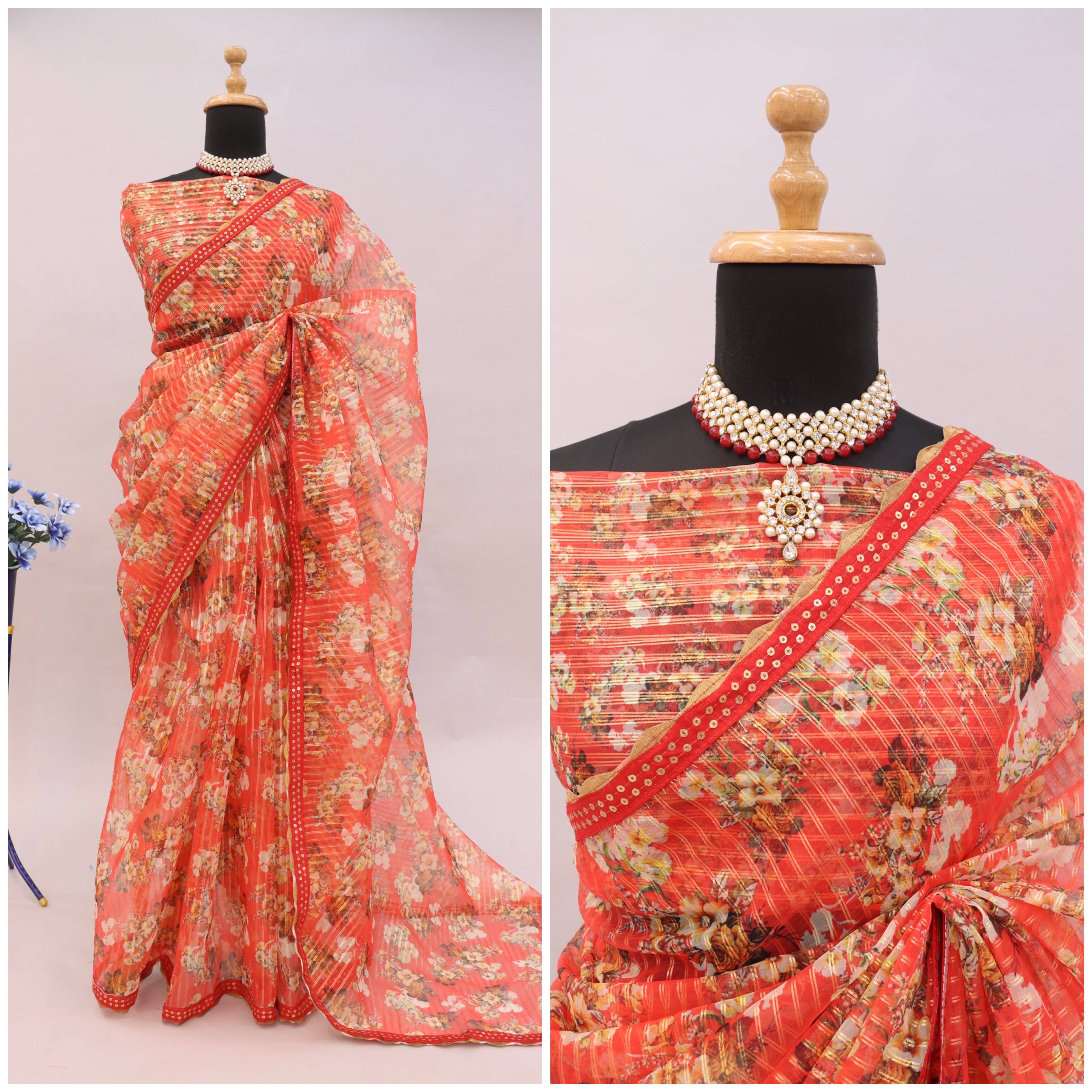     			JIRA Organza Printed Saree With Unstitched Blouse Piece ( Orange )