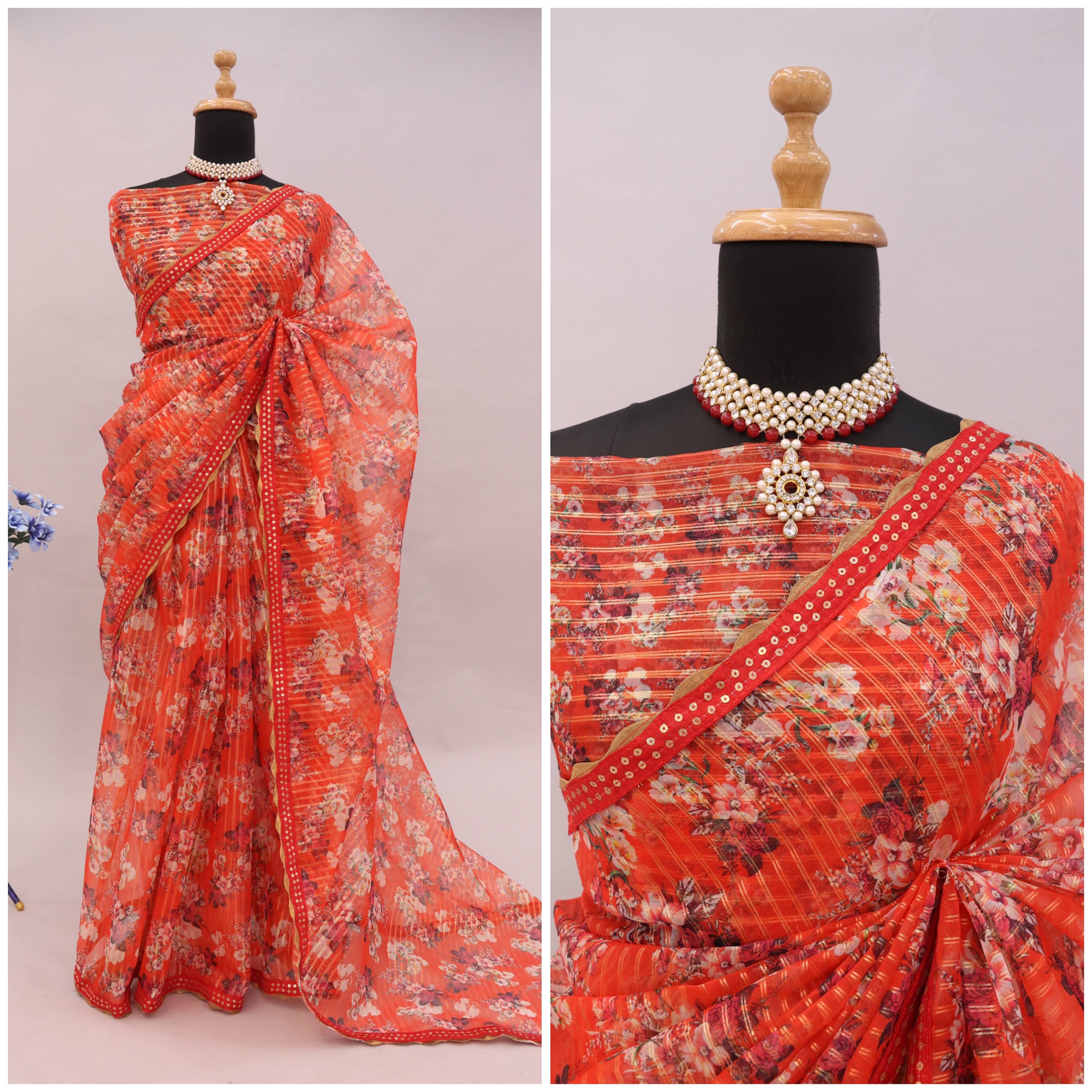     			JIRA Organza Printed Saree With Unstitched Blouse Piece ( Orange )