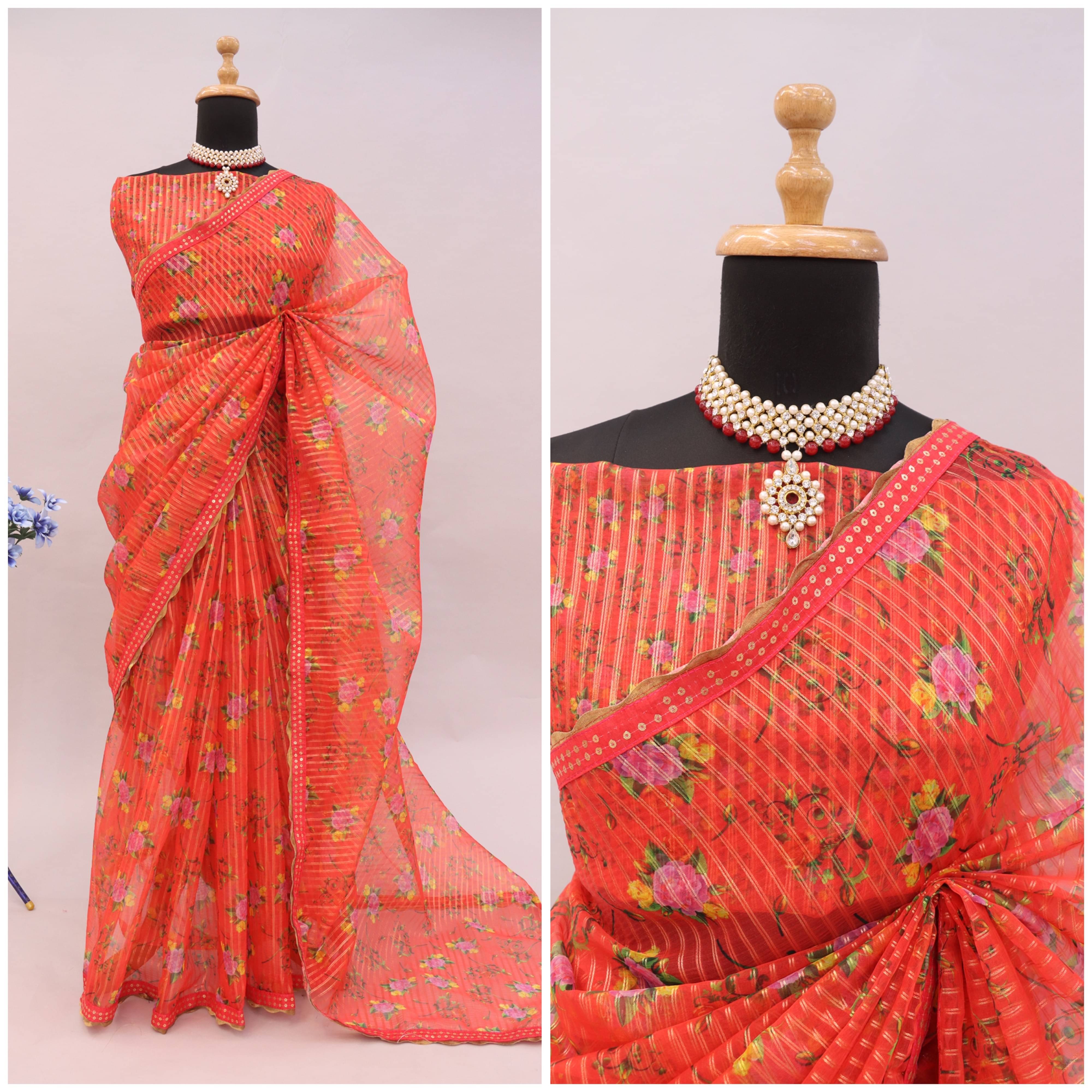 JIRA Organza Printed Saree With Unstitched Blouse Piece ( Orange ) JIRA Organza Printed Saree With Unstitched Blouse Piece ( Orange )