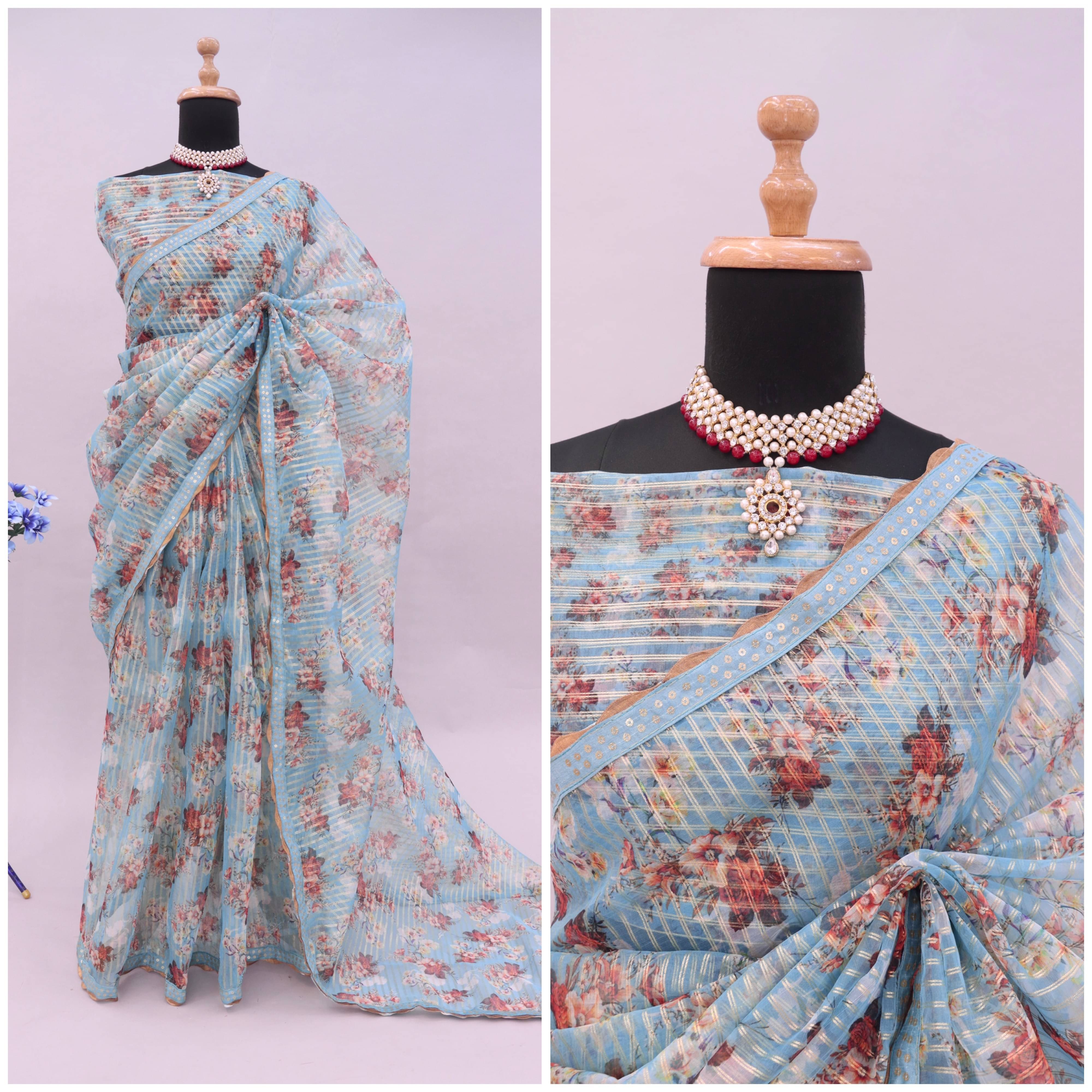     			JIRA Organza Printed Saree With Unstitched Blouse Piece ( Blue )