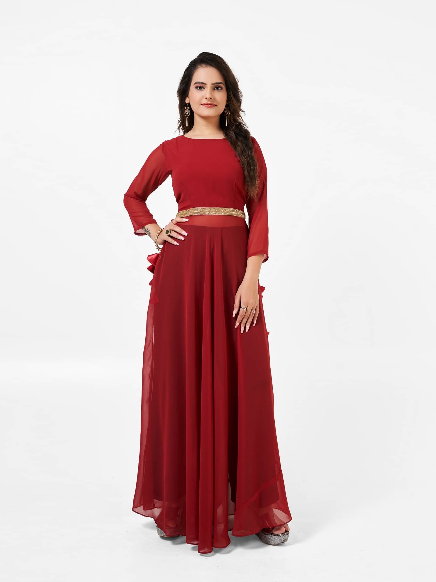 KV Fashion Women Georgette Flared Stitched Ethnic Gown ( Red ) KV Fashion Women Georgette Flared Stitched Ethnic Gown ( Red )