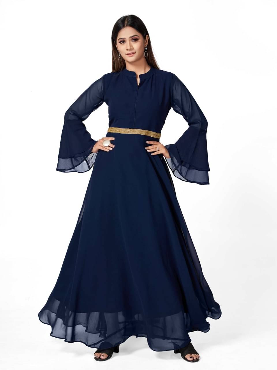     			Lady Shopi Women Georgette Flared Stitched Ethnic Gown ( Navy Blue )