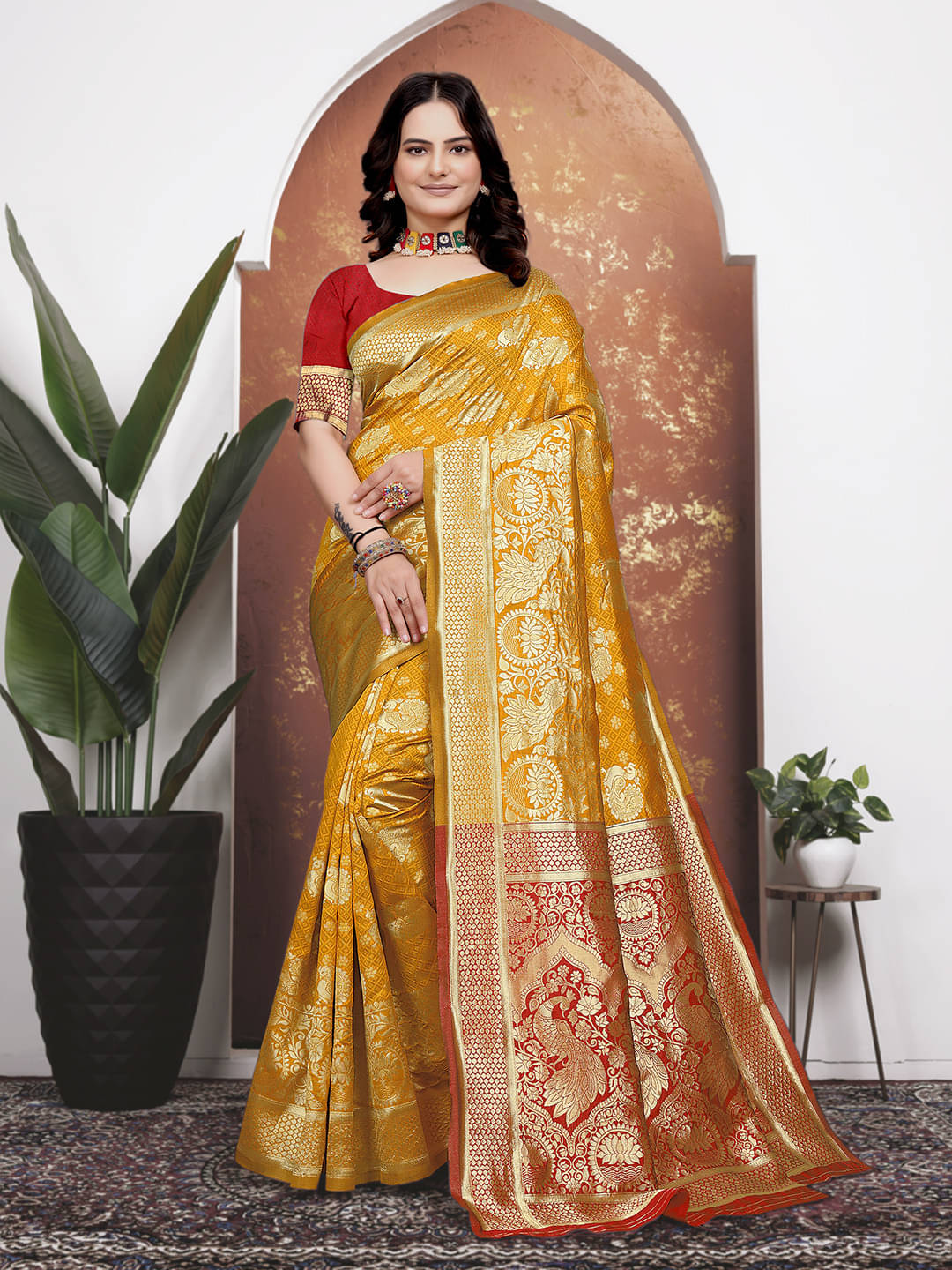 Maayro Banarasi Silk Woven Saree With Unstitched Blouse Piece ( Mustard ) Maayro Banarasi Silk Woven Saree With Unstitched Blouse Piece ( Mustard )