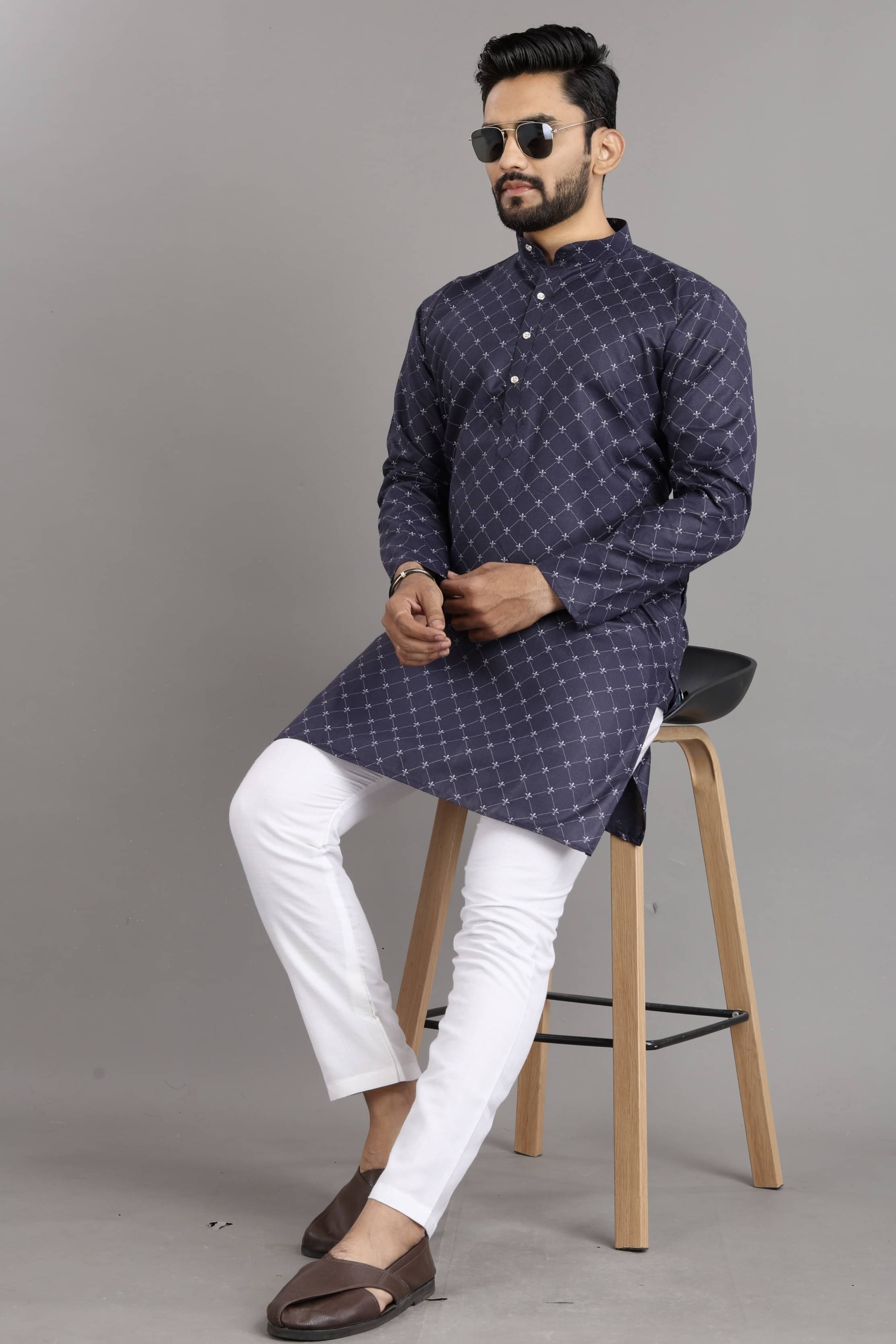     			SOPANI Navy Cotton Blend Regular Fit Men's Kurta Pyjama Set ( Pack of 1 )