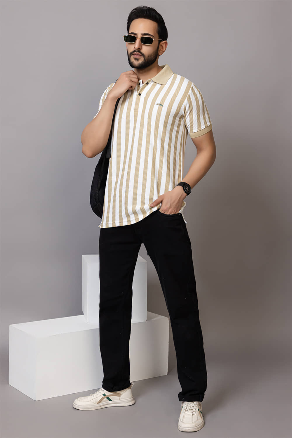 TOROLY Men Cotton Blend Regular Fit Colorblock T-Shirt ( Cream )