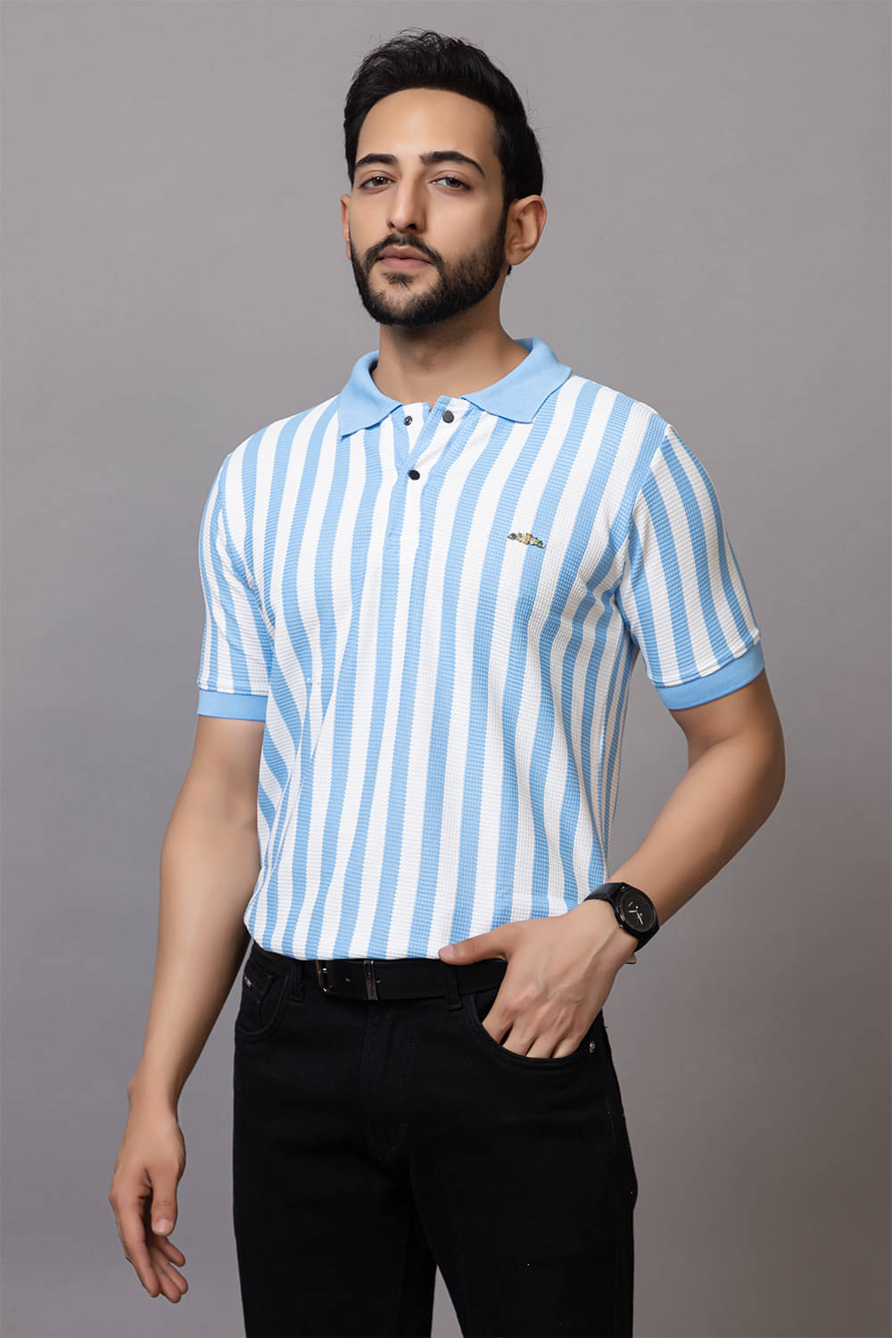     			TOROLY Men Cotton Blend Regular Fit Colorblock T-Shirt ( Sky Blue )