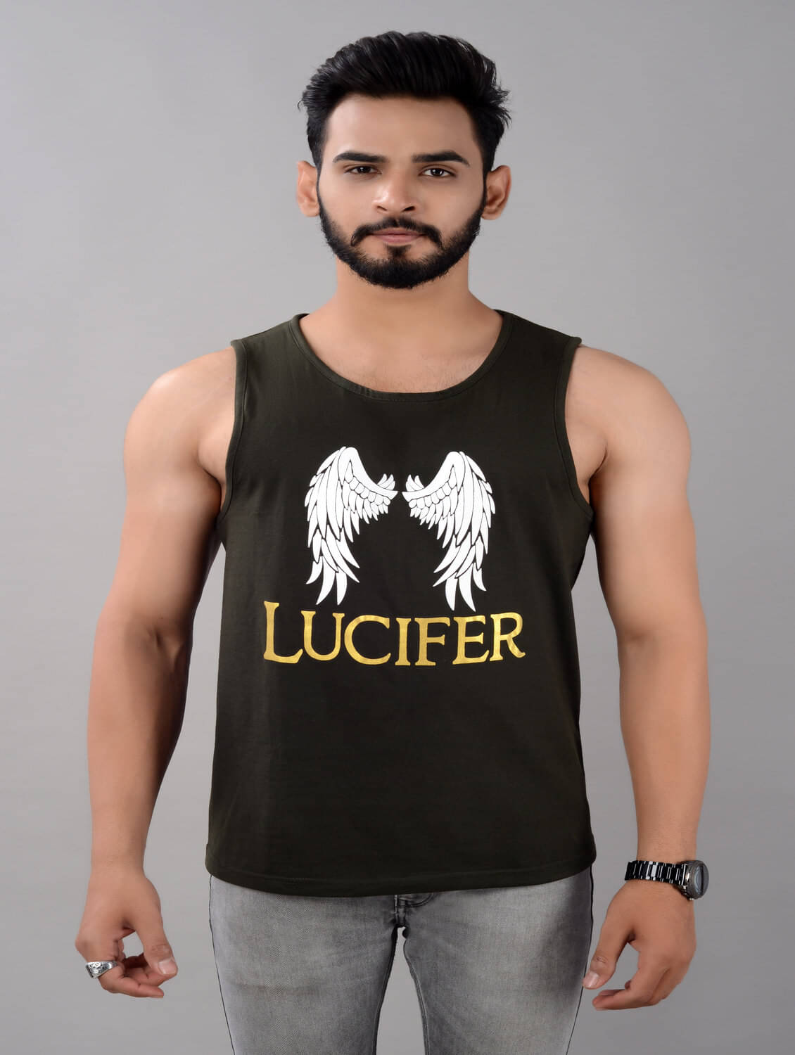     			VILLAIN Pack of 1 Cotton Blend Gym Vest For Men ( Olive Green )
