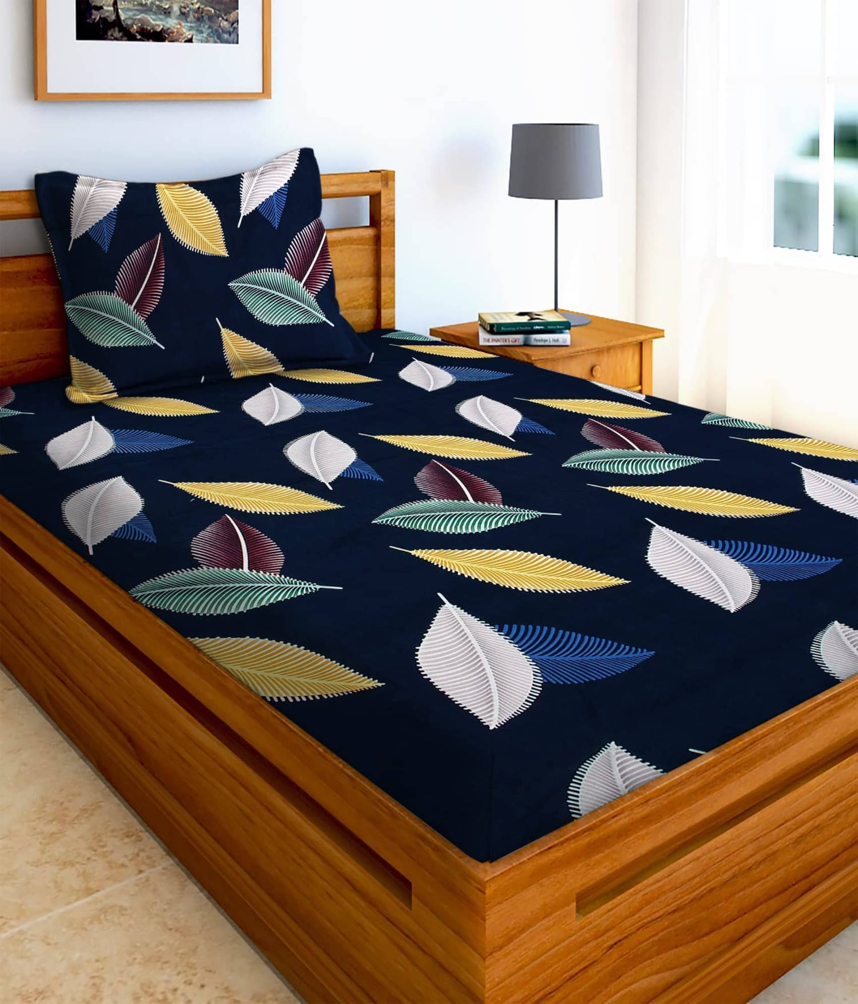     			YKNIP Cotton Nature Fitted 1 Bedsheet with 1 Pillow Cover ( Single Bed ) - Blue