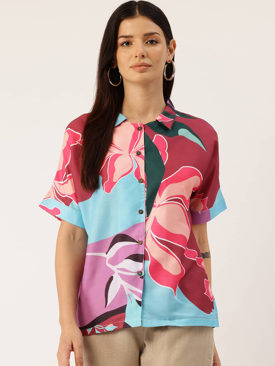 feranoid Women Printed Cotton Blend Shirt ( Blue )     			feranoid Women Printed Cotton Blend Shirt ( Blue )