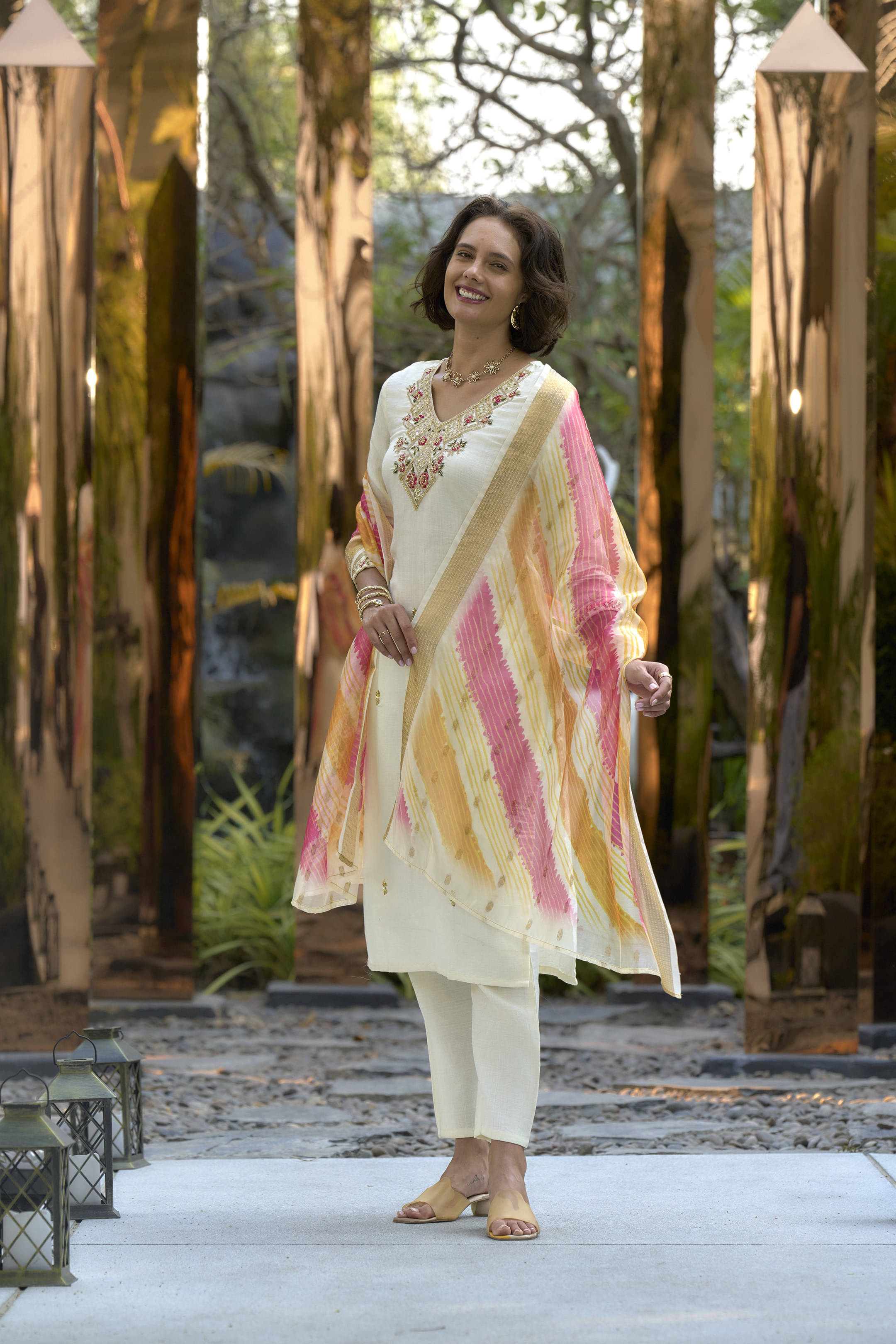     			shree laxminarayan export Women's Silk Blend Embellished Kurti With Pants ( Cream )