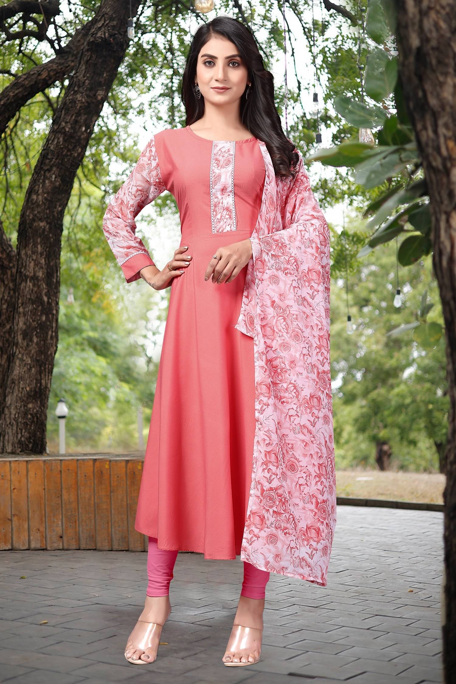 Apnisha Women's Crepe Printed Anarkali Kurti with Dupatta - ( Pink ) Apnisha Women's Crepe Printed Anarkali Kurti with Dupatta - ( Pink )