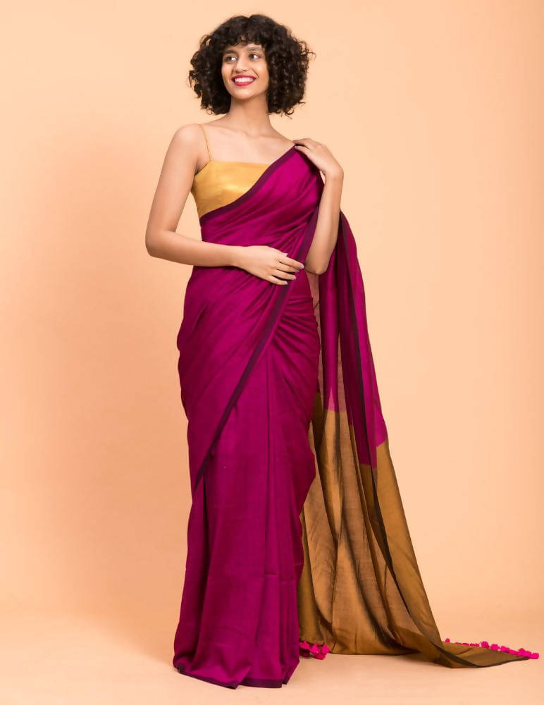     			BRYNBRIT Cotton Blend Colorblock Saree With Unstitched Blouse Piece ( Peach )