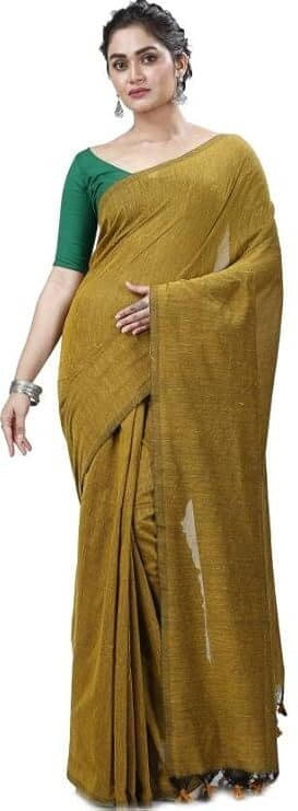     			BRYNBRIT Cotton Blend Self Design Saree With Unstitched Blouse Piece ( Yellow )