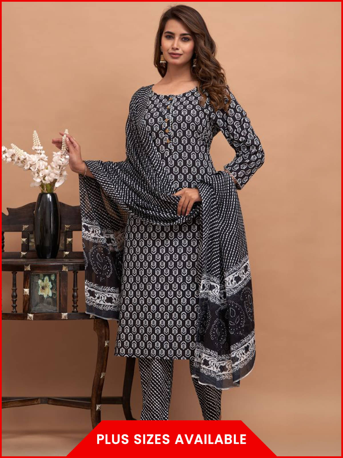     			D K W Women's Cotton Printed Kurti With Pants ( Black )