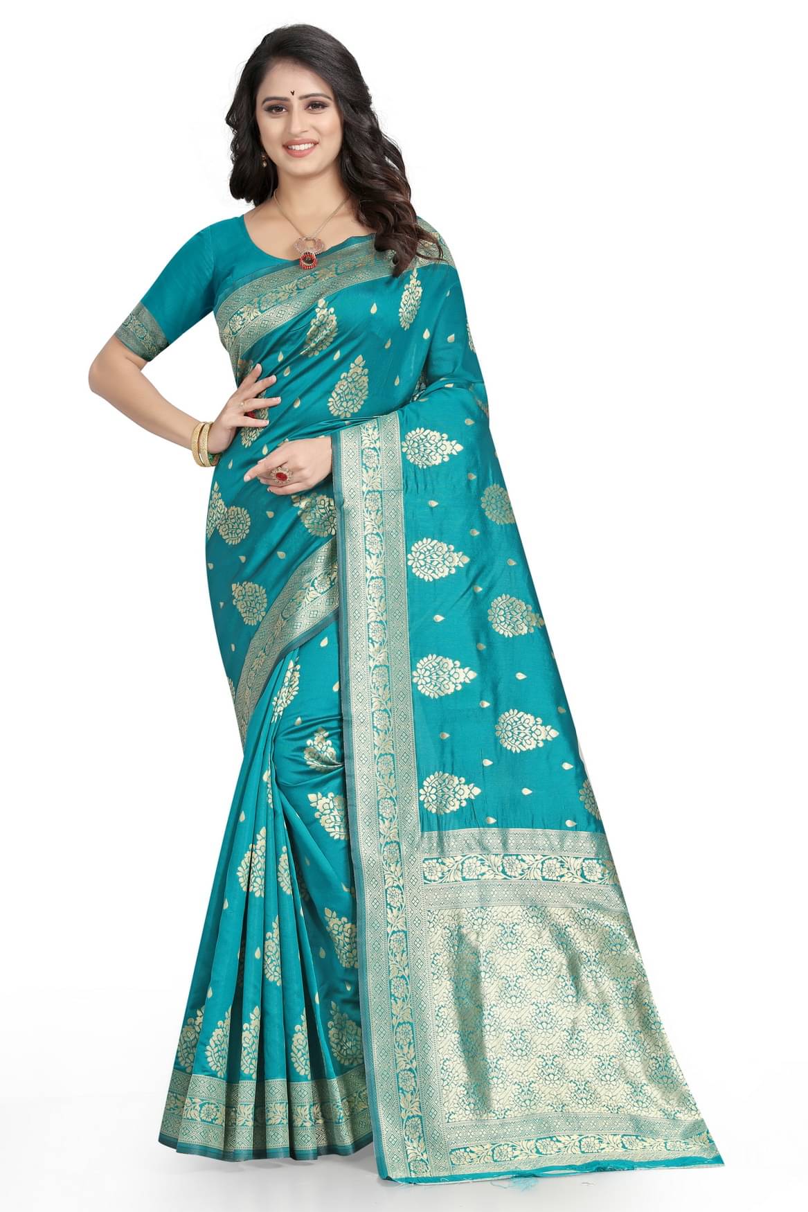 DHAYNA AND REEWA FASHION Jacquard Woven Saree With Unstitched Blouse Piece ( Teal ) DHAYNA AND REEWA FASHION Jacquard Woven Saree With Unstitched Blouse Piece ( Teal )