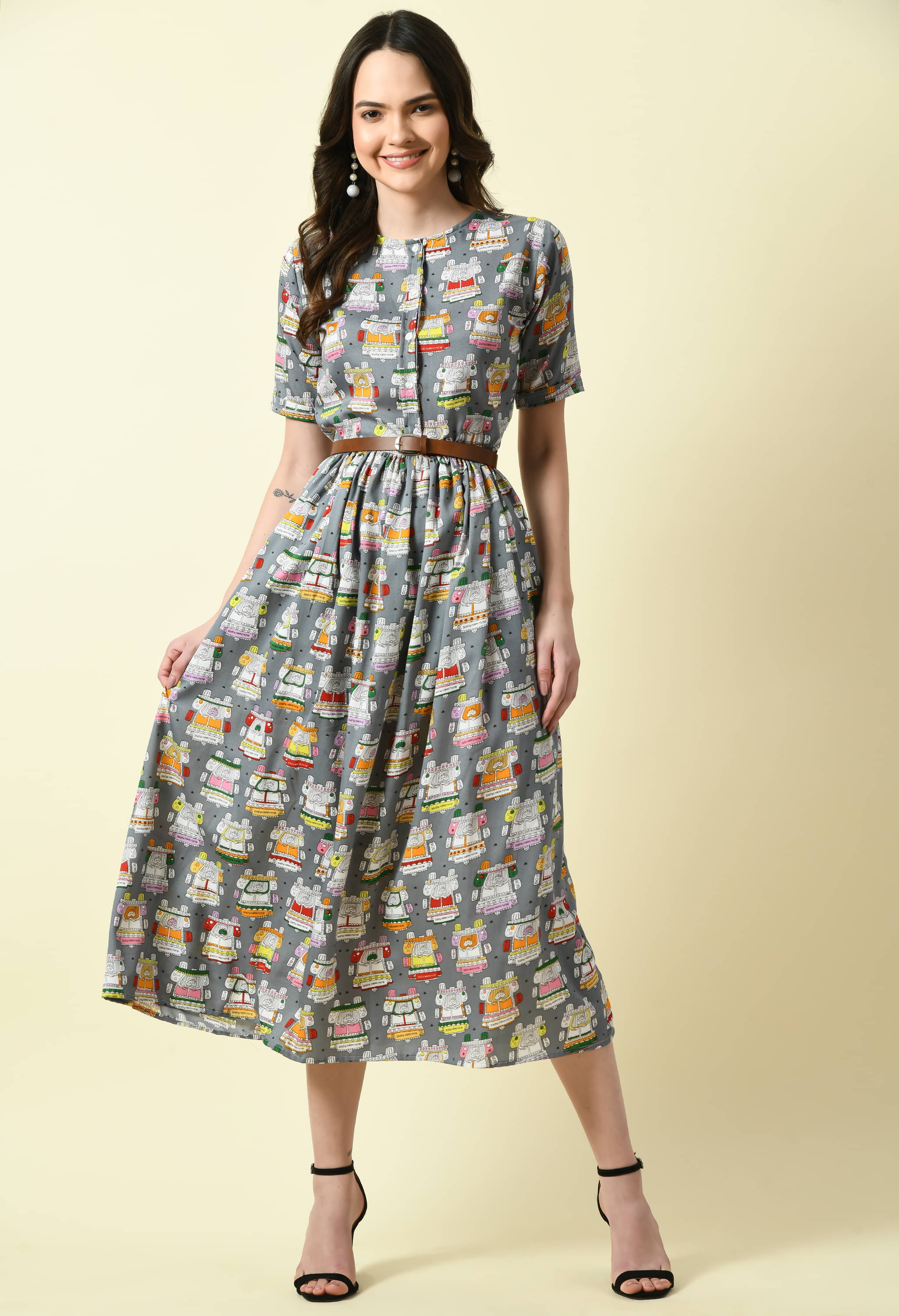     			Fasanger Women's Crepe Printed Fit & Flare Dress ( Grey )