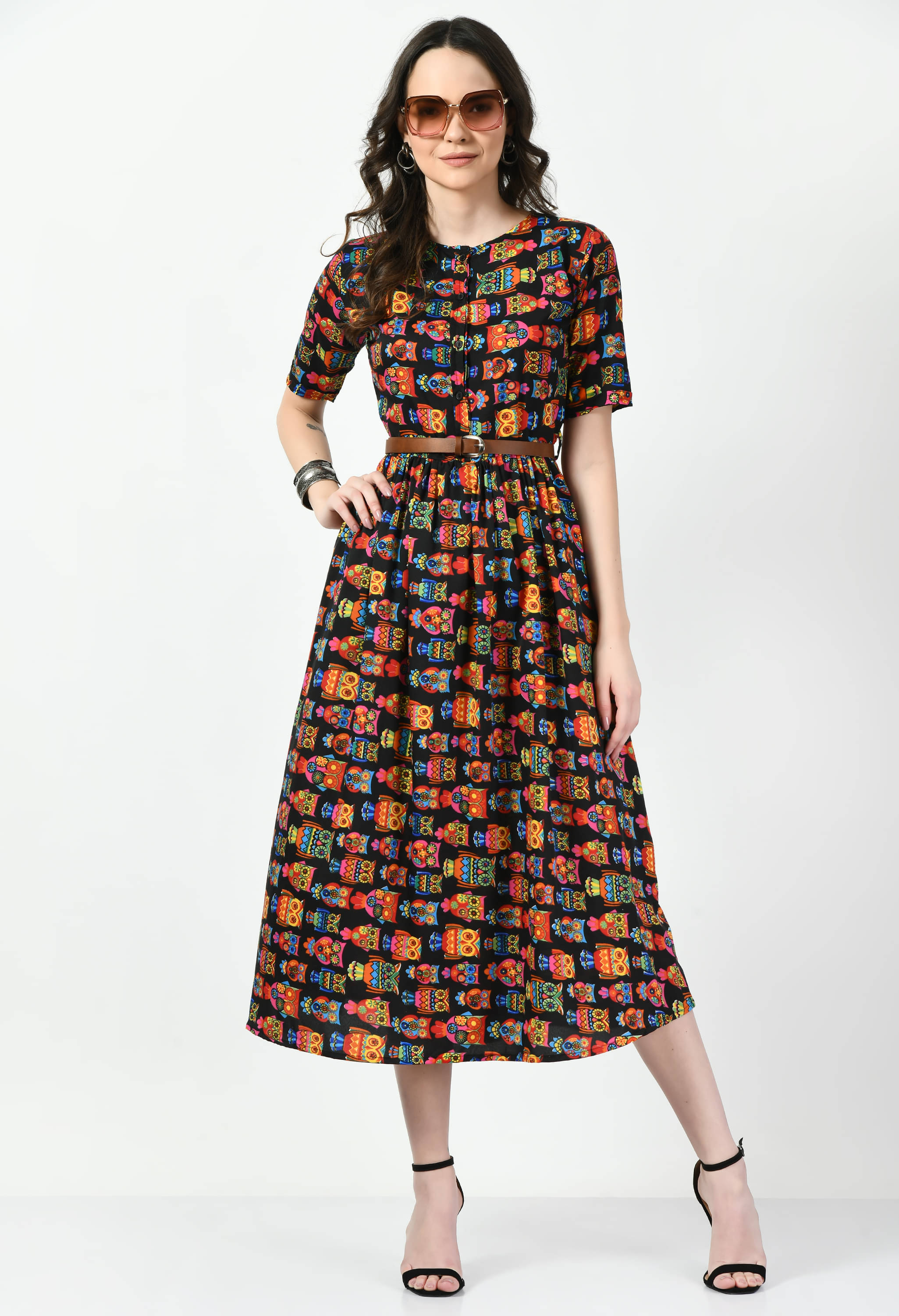Fasanger Women's Crepe Printed Fit & Flare Dress ( Multicolor ) Fasanger Women's Crepe Printed Fit & Flare Dress ( Multicolor )