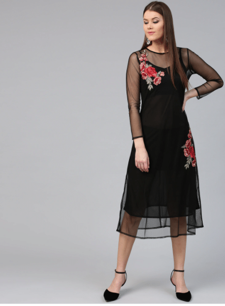 Fasanger Women's Net Embroidered Fit & Flare Dress ( Black ) Fasanger Women's Net Embroidered Fit & Flare Dress ( Black )