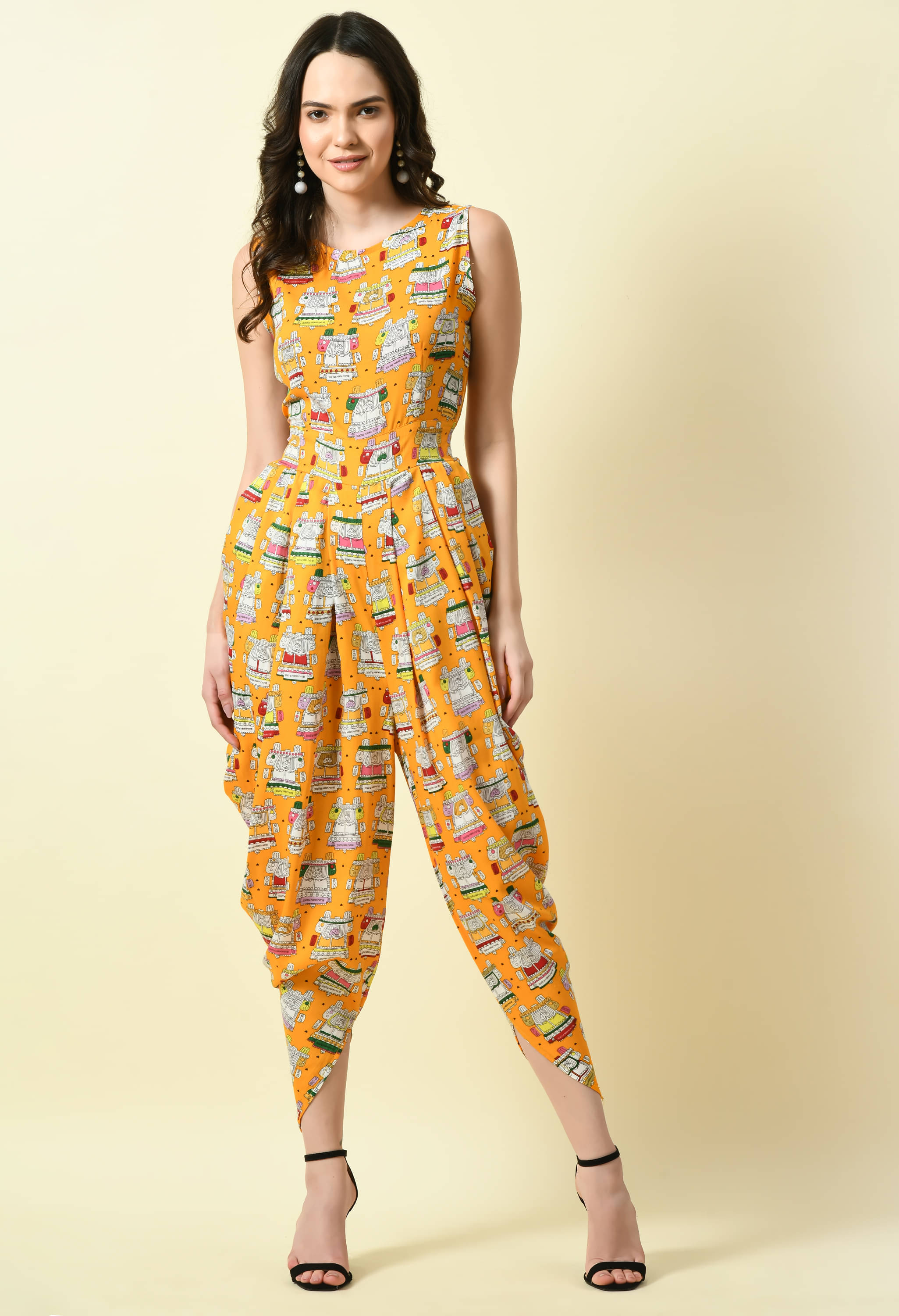 Fasanger Women's Printed Crepe Jumpsuit ( Yellow ) Fasanger Women's Printed Crepe Jumpsuit ( Yellow )