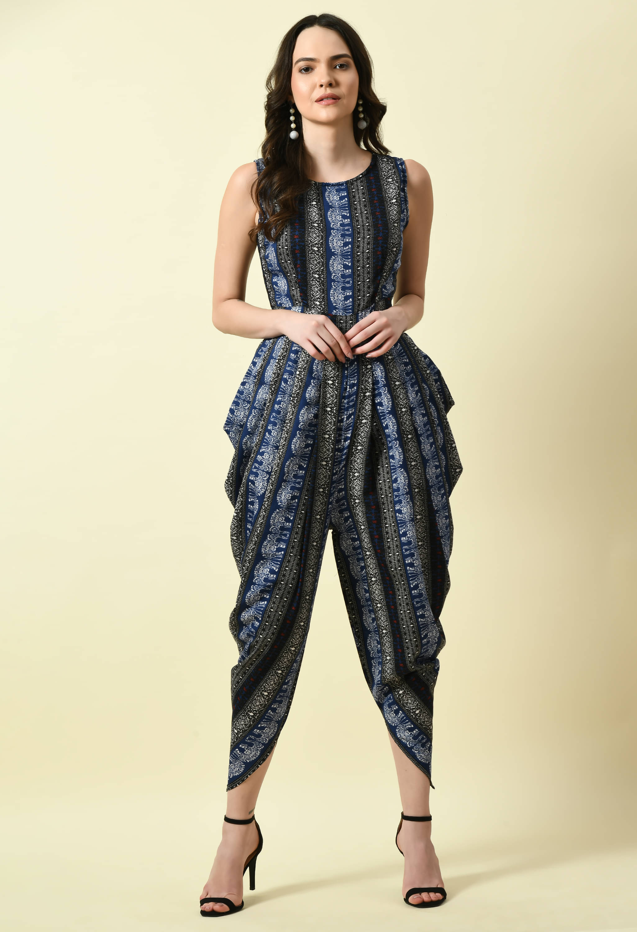     			Fasanger Women's Printed Crepe Jumpsuit ( Navy Blue )