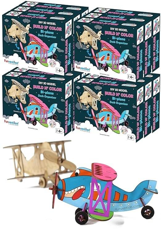     			Funvention Bi-Plane - 3D Coloring Model (Pack of 12) - DIY Desk Organizer Pen Stand - STEM Leanring 3D Puzzle Toy - Art, Coloring and Painting Kit for Kids - Birthday Return Gift,Party Pack for Kids