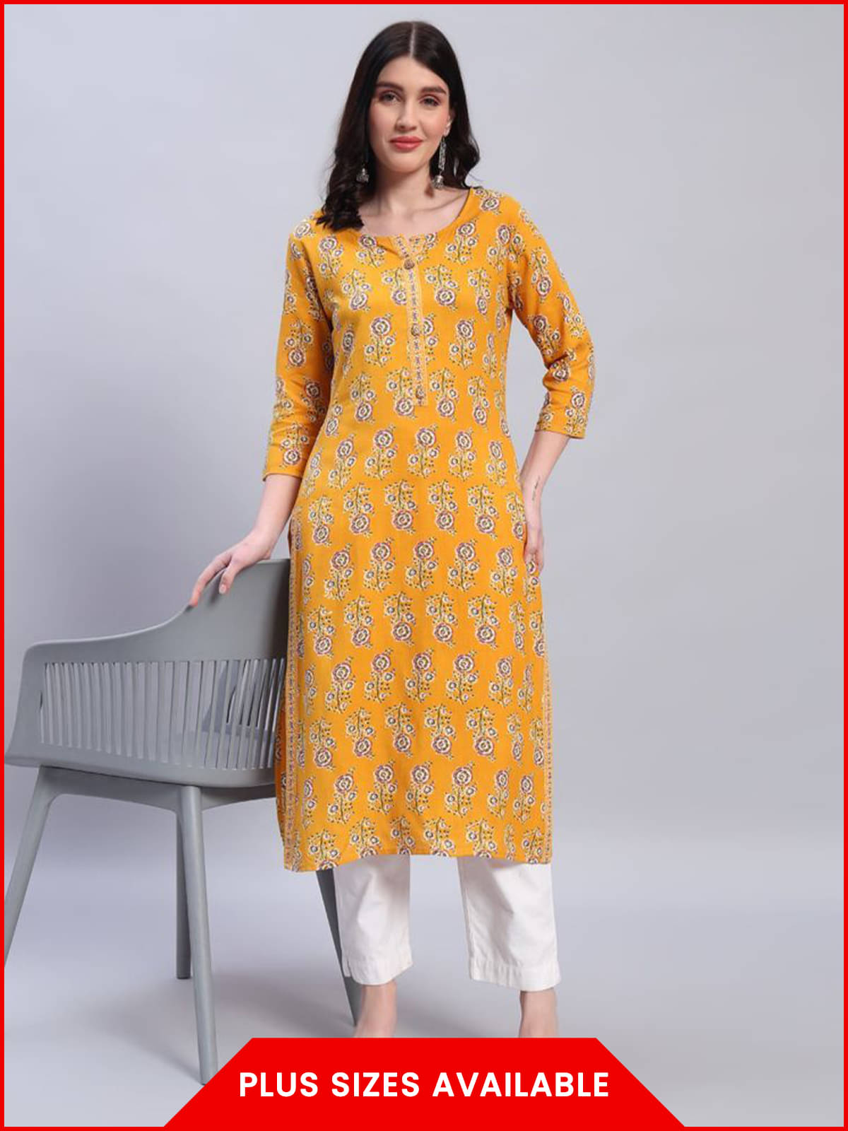     			Greyshade Women's Cotton Blend Printed Straight Kurti - ( Yellow )