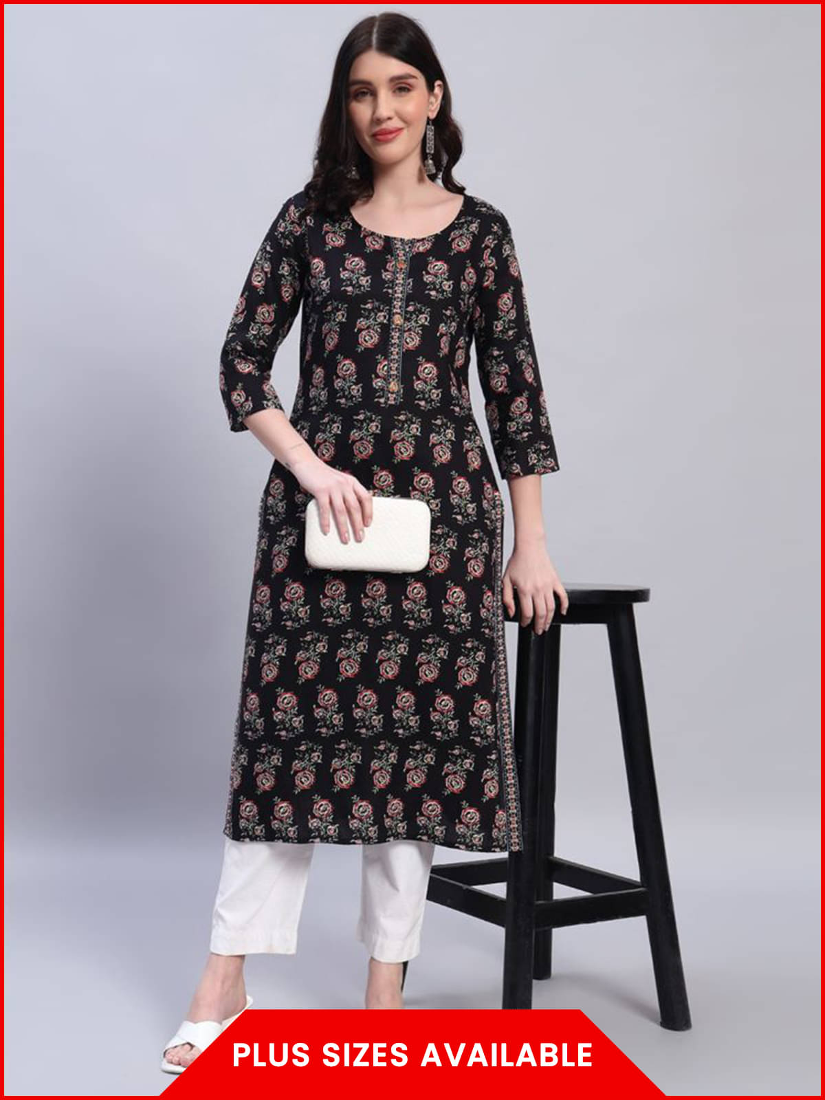     			Greyshade Women's Cotton Blend Printed Straight Kurti - ( Black )