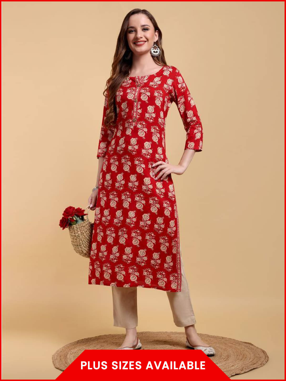 Greyshade Women's Cotton Blend Printed Straight Kurti - ( Red ) Greyshade Women's Cotton Blend Printed Straight Kurti - ( Red )