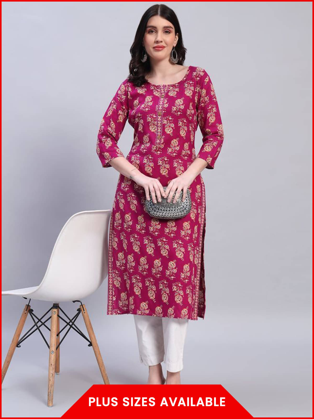     			Greyshade Women's Cotton Blend Printed Straight Kurti - ( Purple )