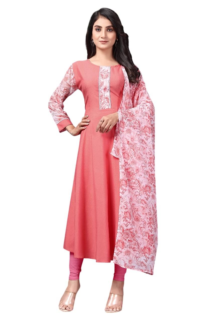 JULEE Women's Crepe Printed Anarkali Kurti with Dupatta - ( Peach ) JULEE Women's Crepe Printed Anarkali Kurti with Dupatta - ( Peach )