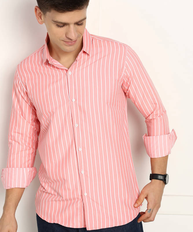 Jai Textiles Cotton Blend Slim Fit Striped Full Sleeves Men's Casual Shirt - Pink ( Pack of 1 ) Jai Textiles Cotton Blend Slim Fit Striped Full Sleeves Men's Casual Shirt - Pink ( Pack of 1 )