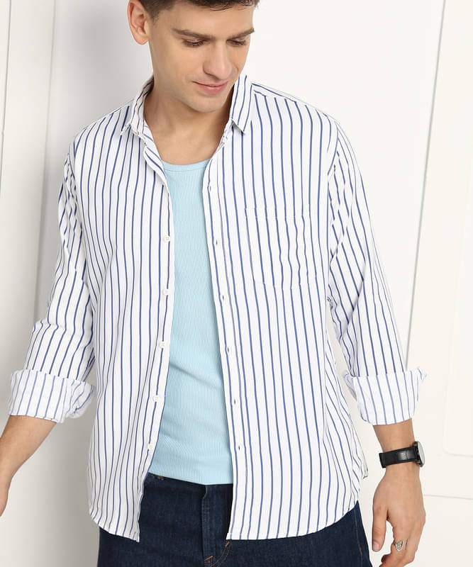 Jai Textiles Cotton Blend Slim Fit Striped Full Sleeves Men's Casual Shirt - Dark Blue ( Pack of 1 ) Jai Textiles Cotton Blend Slim Fit Striped Full Sleeves Men's Casual Shirt - Dark Blue ( Pack of 1 )